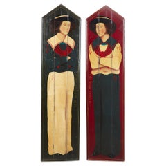 Pair of 19th Century Victorian Folk Art Naval Full-length Portraits
