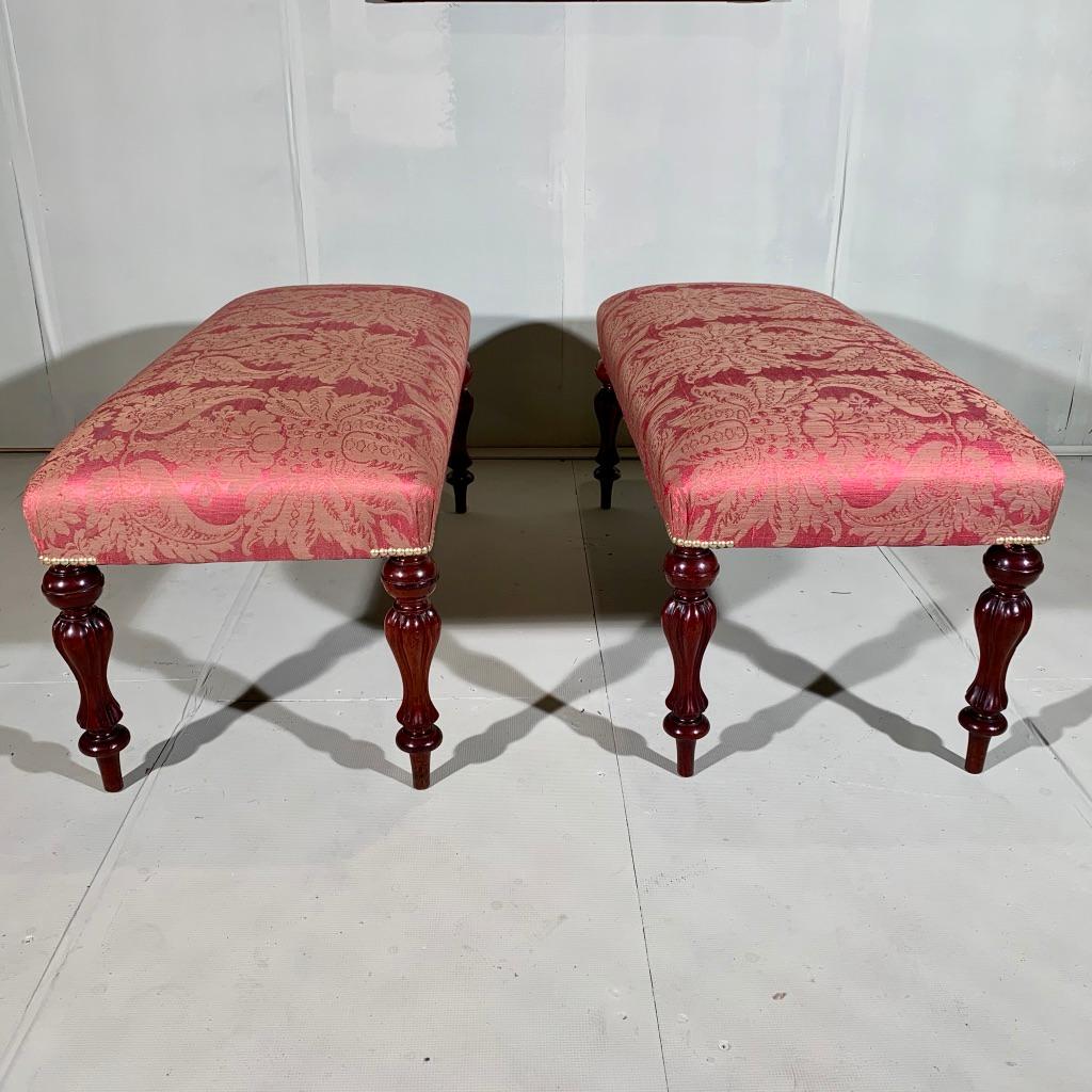 Pair of 19th Century Victorian Long Stools Newly Upholstered in Embroidered Silk (Englisch) im Angebot