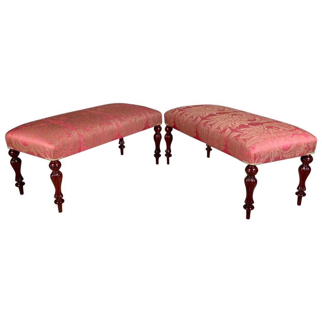 Pair of 19th Century Victorian Long Stools Newly Upholstered in Embroidered Silk im Angebot
