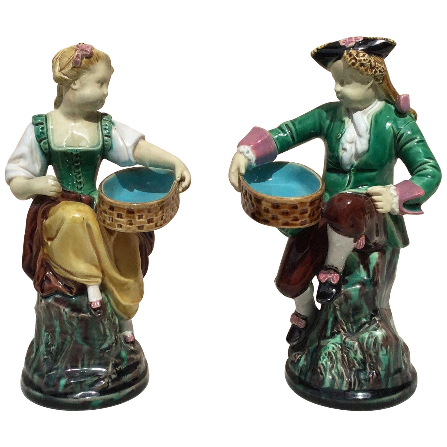 Pair of 19th Century Victorian Majolica Figural Salt Cellars Minton For Sale