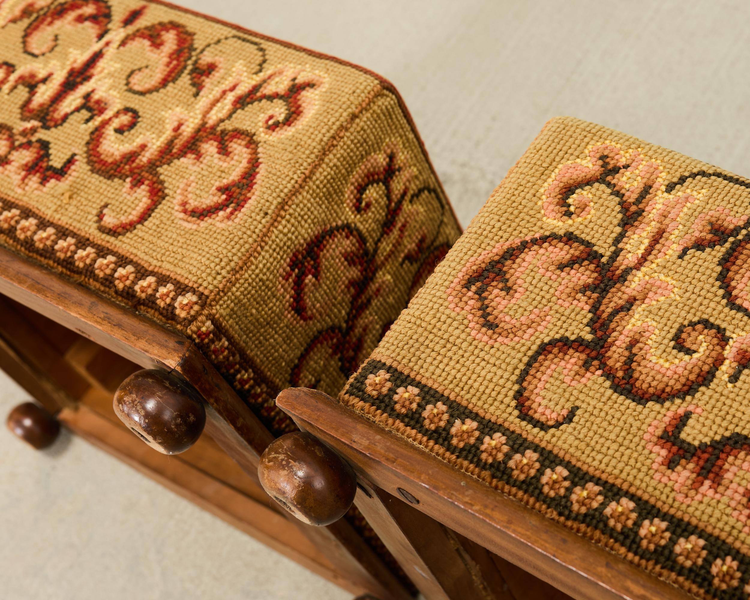 Pair of 19th Century Victorian Needlepoint Square Footstools For Sale 8