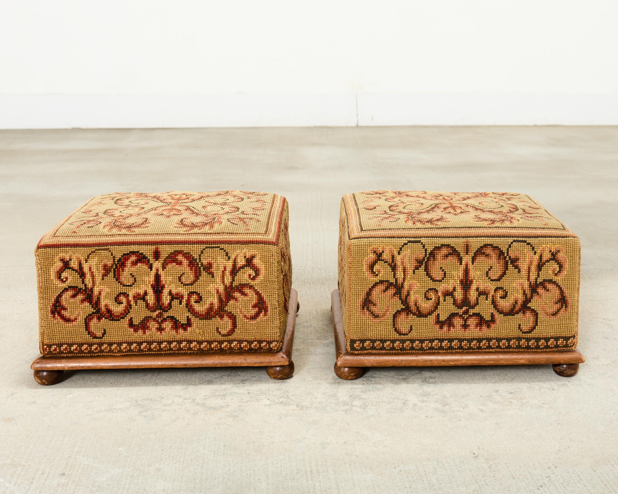 Pair of 19th Century Victorian Needlepoint Square Footstools For Sale 12