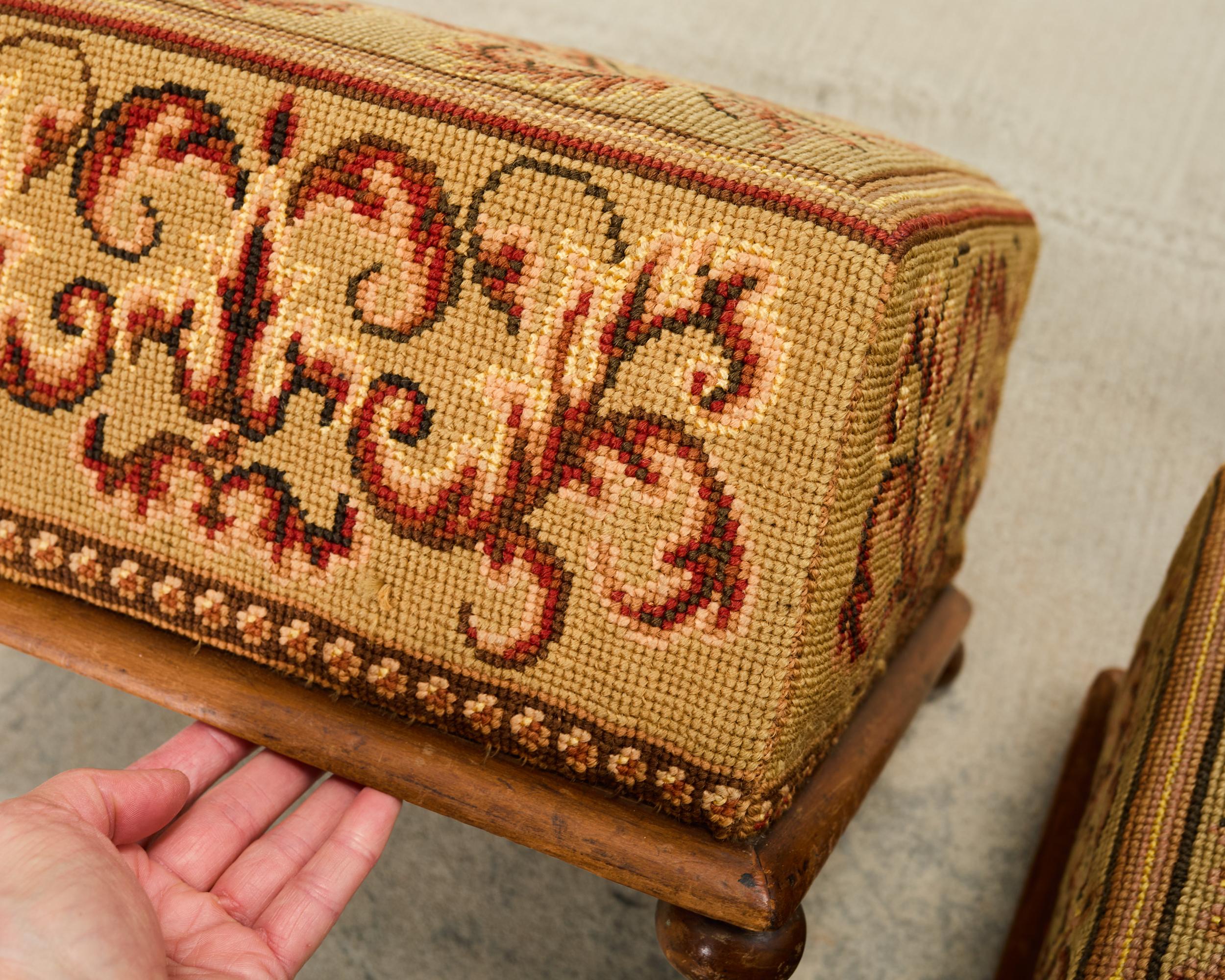 Pair of 19th Century Victorian Needlepoint Square Footstools For Sale 13