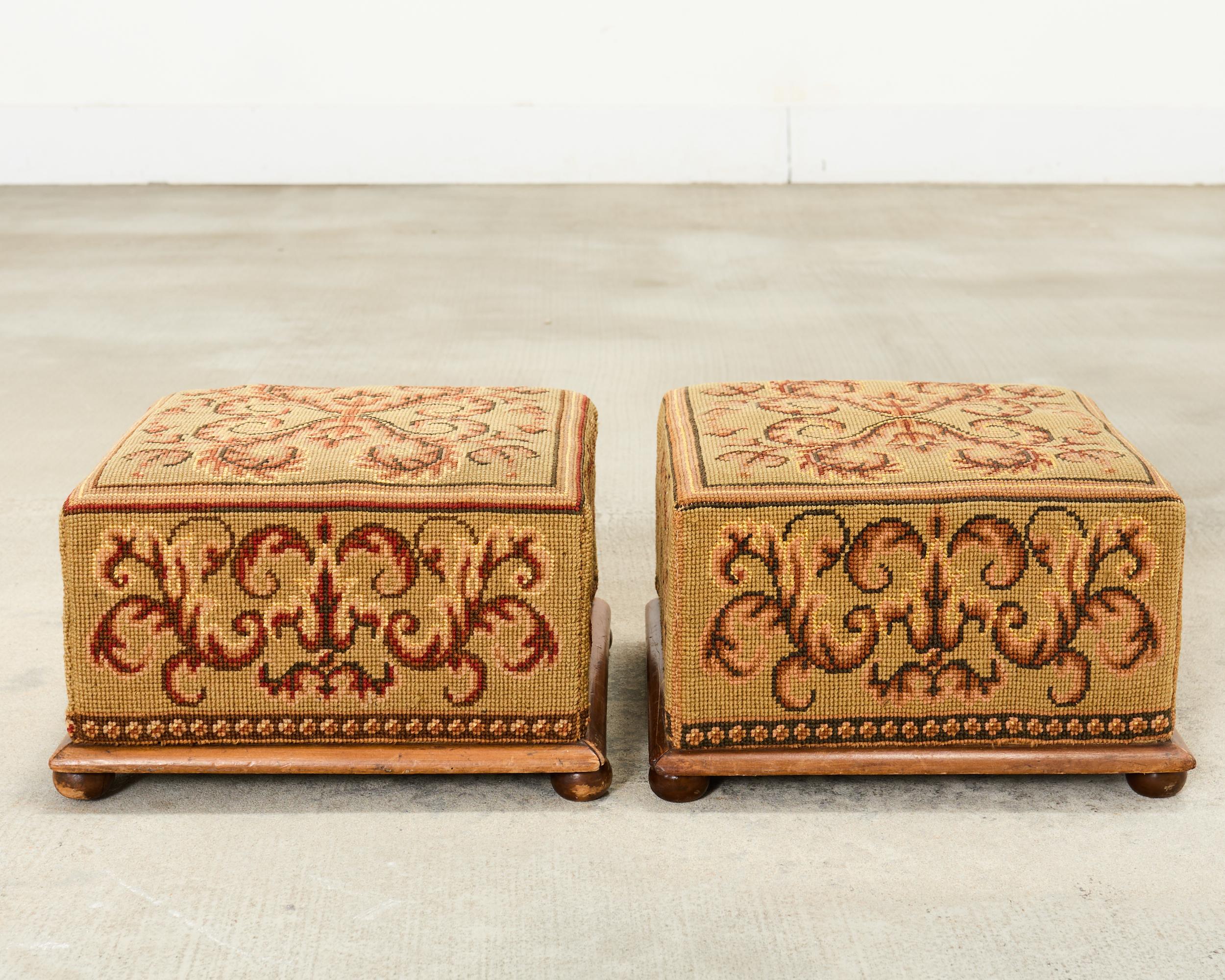 English Pair of 19th Century Victorian Needlepoint Square Footstools For Sale