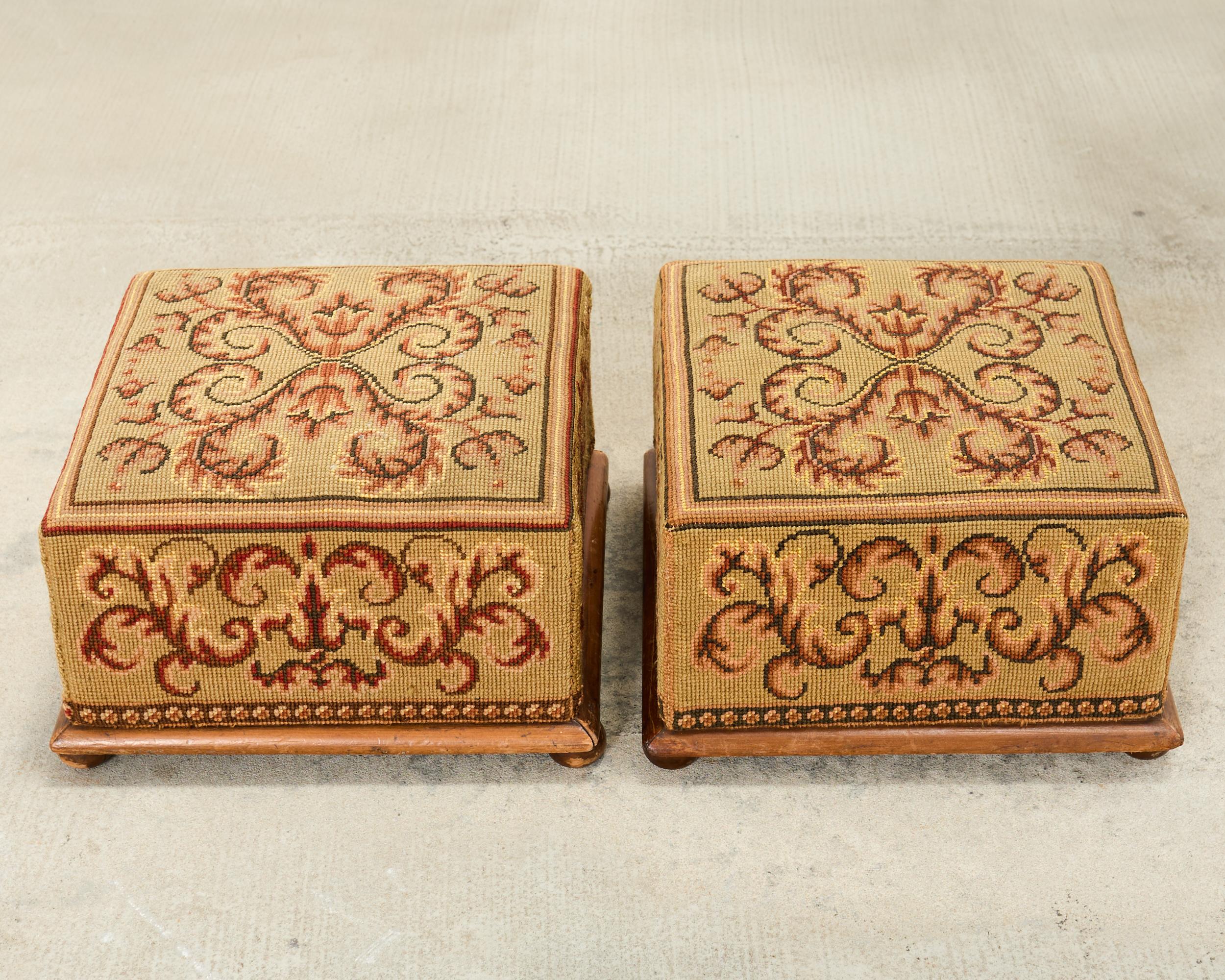 Pair of 19th Century Victorian Needlepoint Square Footstools In Good Condition For Sale In Rio Vista, CA