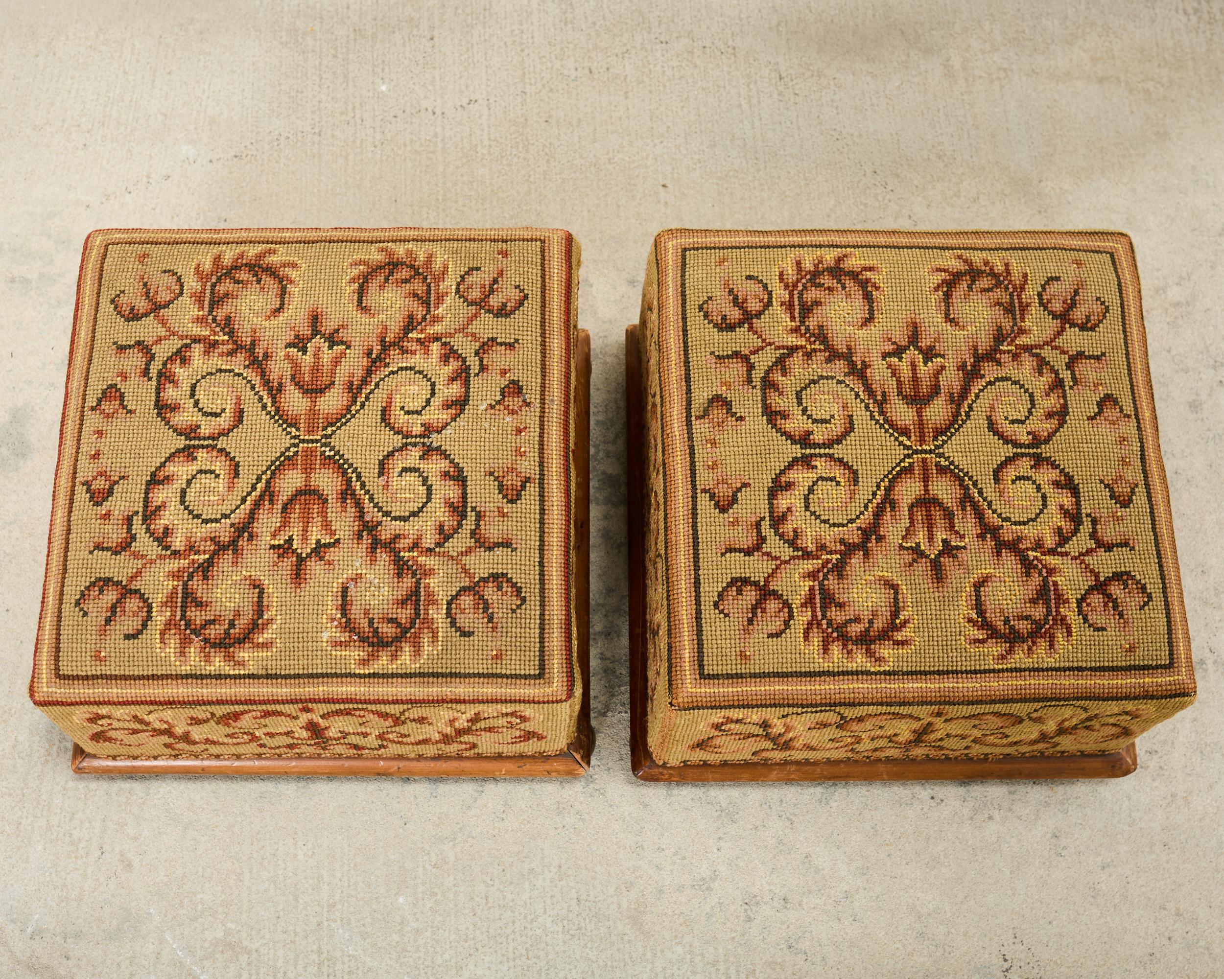 Pine Pair of 19th Century Victorian Needlepoint Square Footstools For Sale