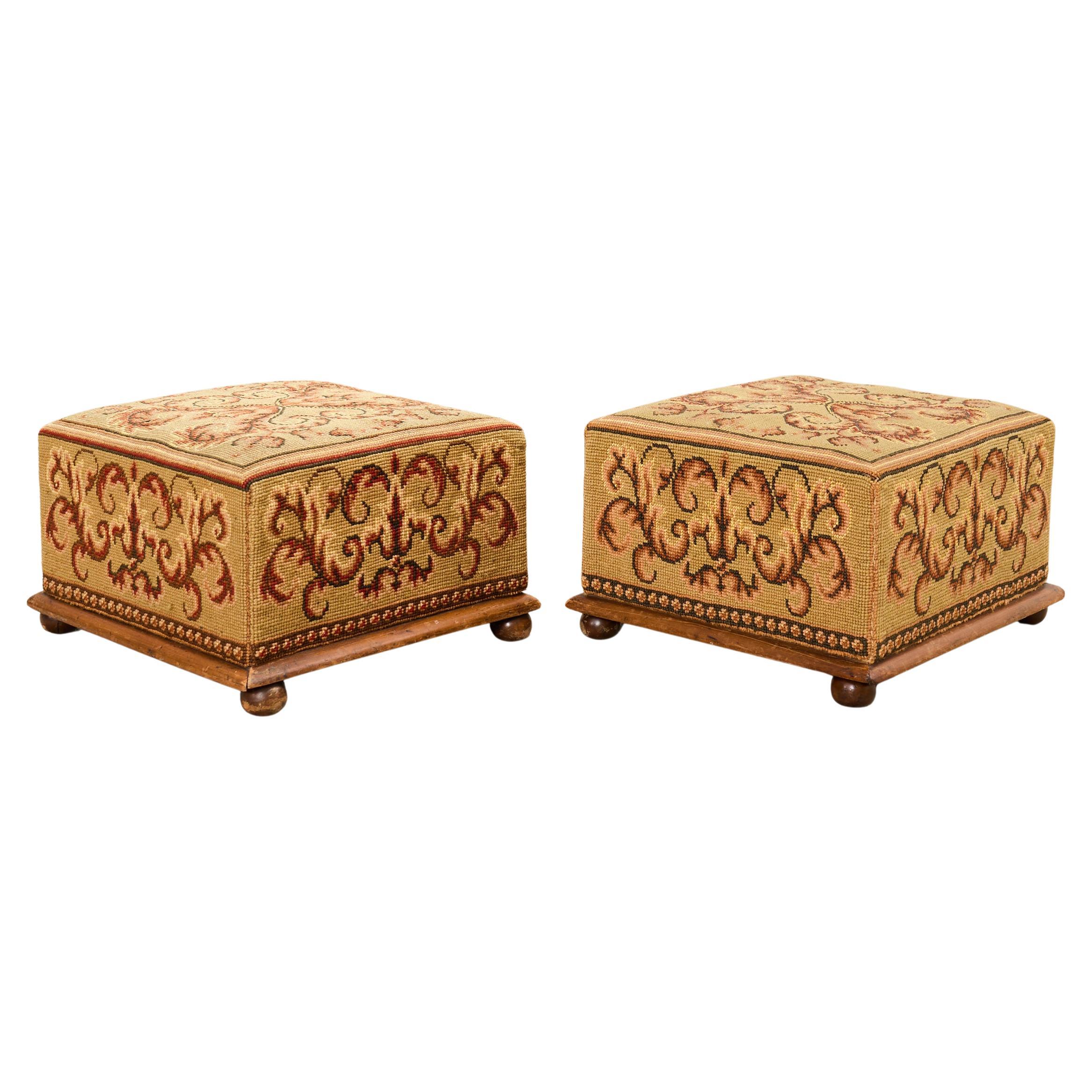 Pair of 19th Century Victorian Needlepoint Square Footstools For Sale