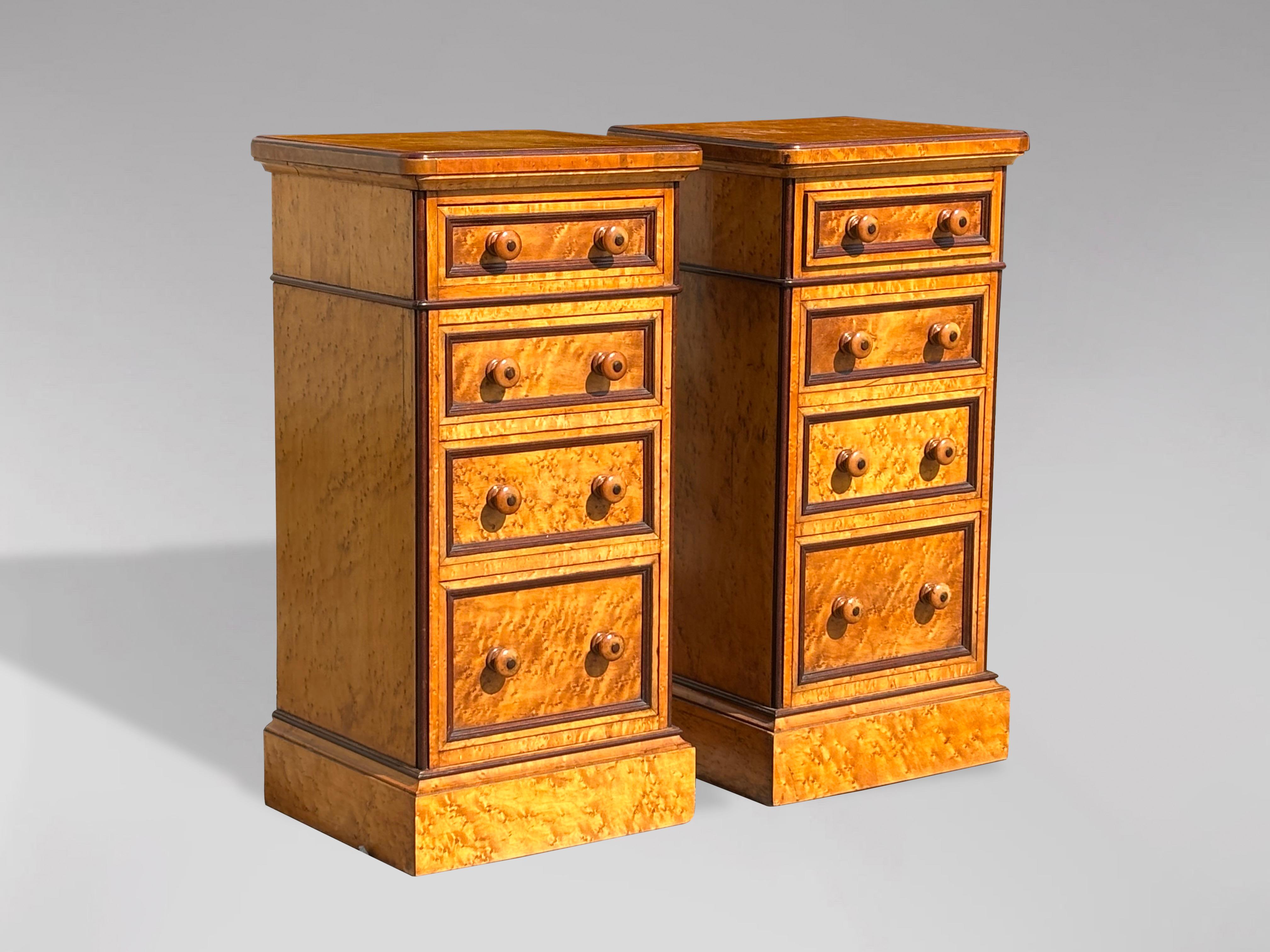 A superb quality pair of mid Victorian chest of drawers or bedside cabinets in birdseye maple and mahogany. The rectangular rounded corners tops in nicely figured light birdseye maple with canted edges above four graduated mahogany lined drawers
