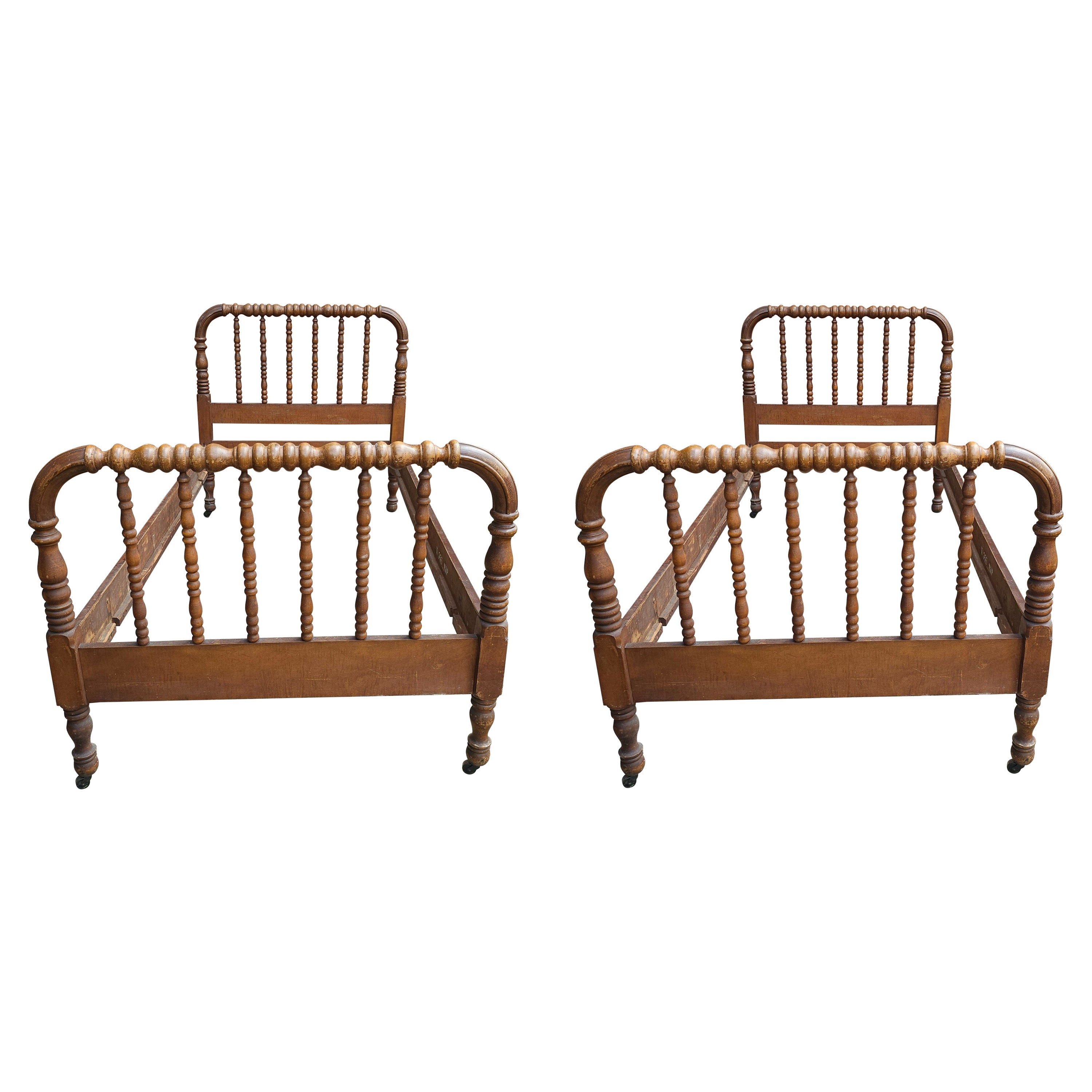 Pair of 19th Century Victorian Spool Maple Twin Bedframes