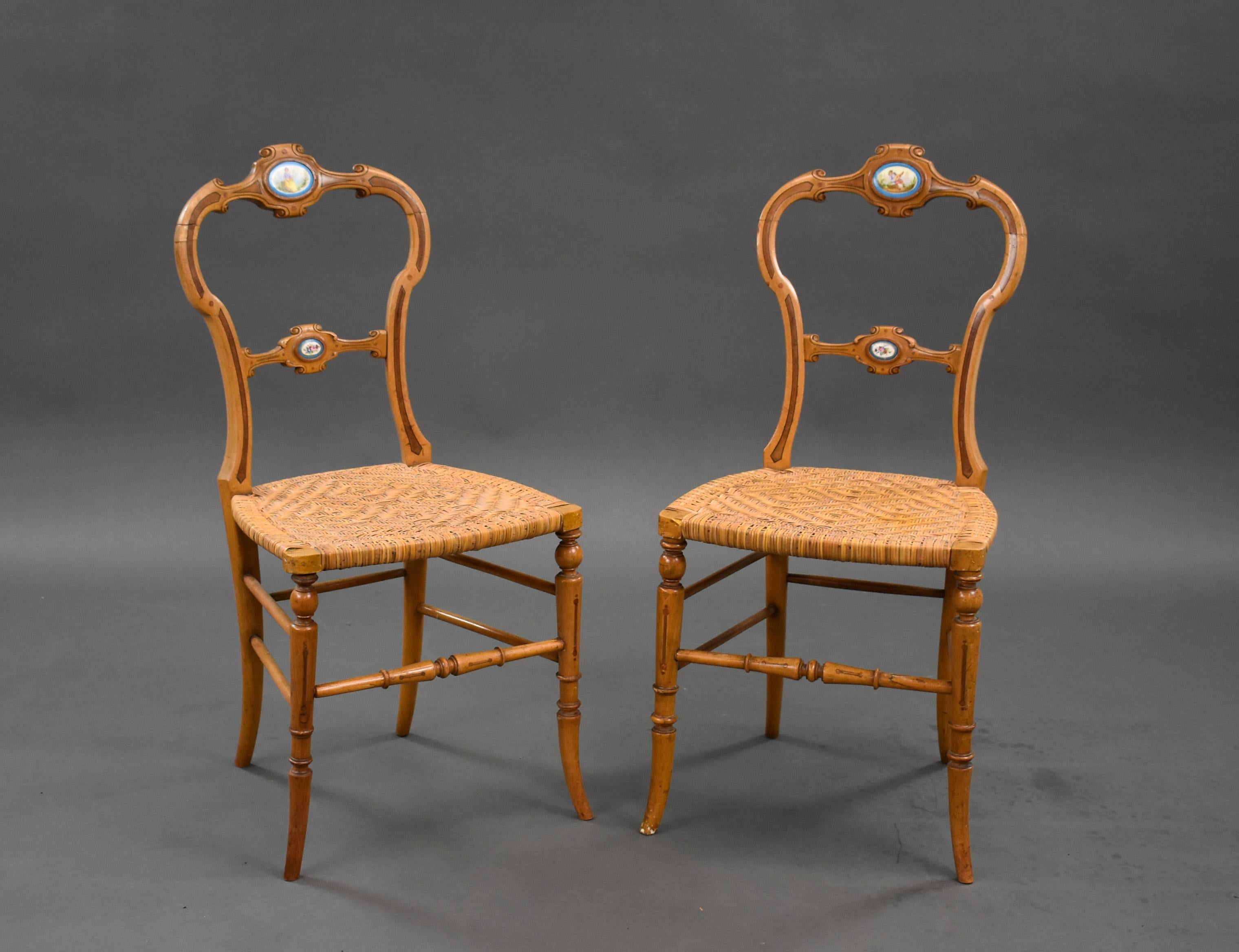 For sale is a good quality pair of Victorian walnut inlaid salon chairs, each having sevres style plaques, both chairs remain in very good condition showing minor signs of wear commensurate with age and use. 

Measures: Width: 41cm Depth: 41cm