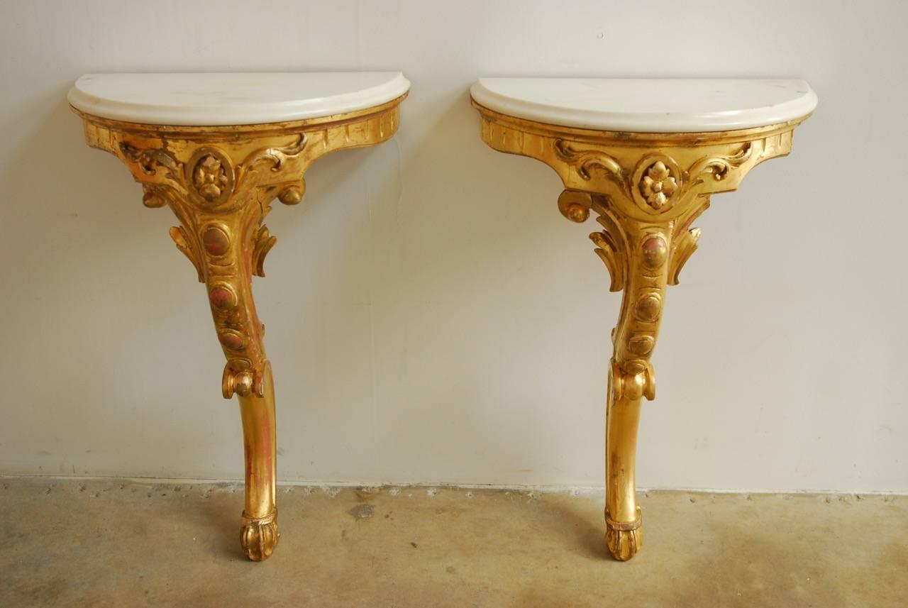 Baroque Pair of 19th Century Wall-Mounted Gilt and Marble Consoles