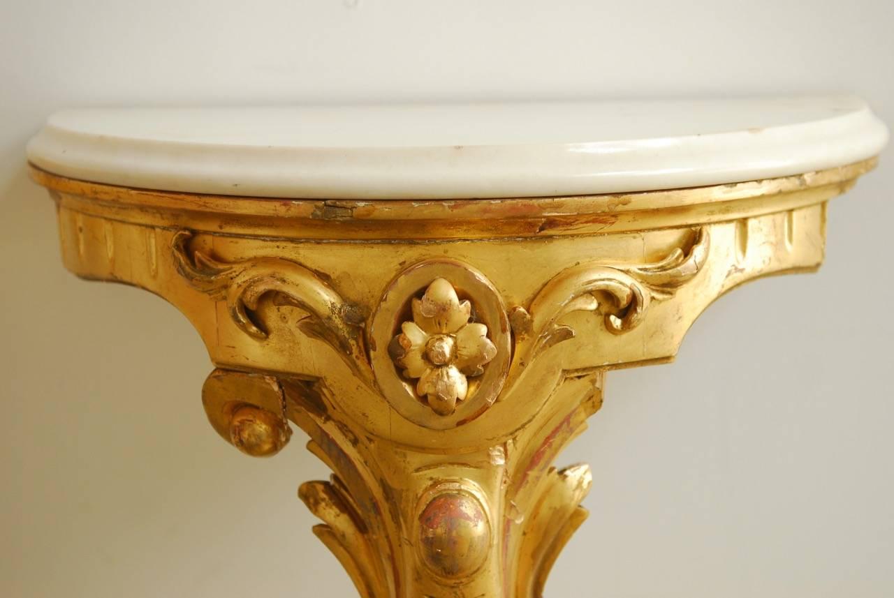 Italian Pair of 19th Century Wall-Mounted Gilt and Marble Consoles