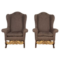 Pair of 19th Century Walnut and Gilded Wing Armchairs