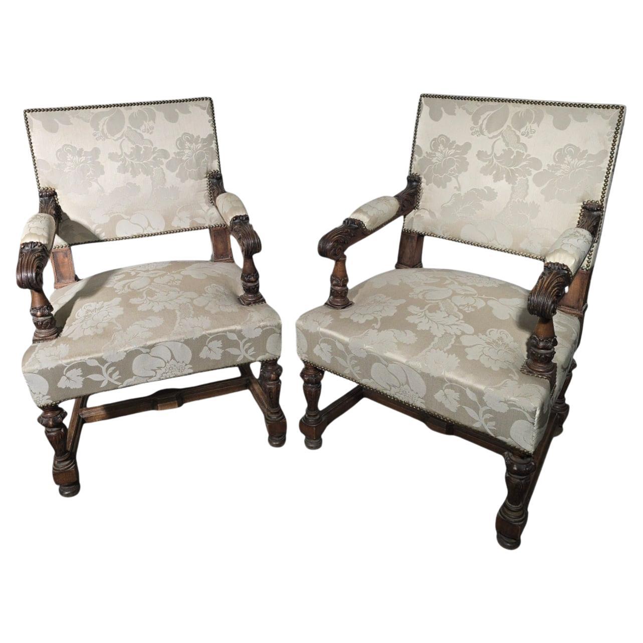 Pair of 19th-Century Walnut Armchairs with Silk Damask Upholstery