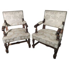 Pair of 19th-Century Walnut Armchairs with Silk Damask Upholstery