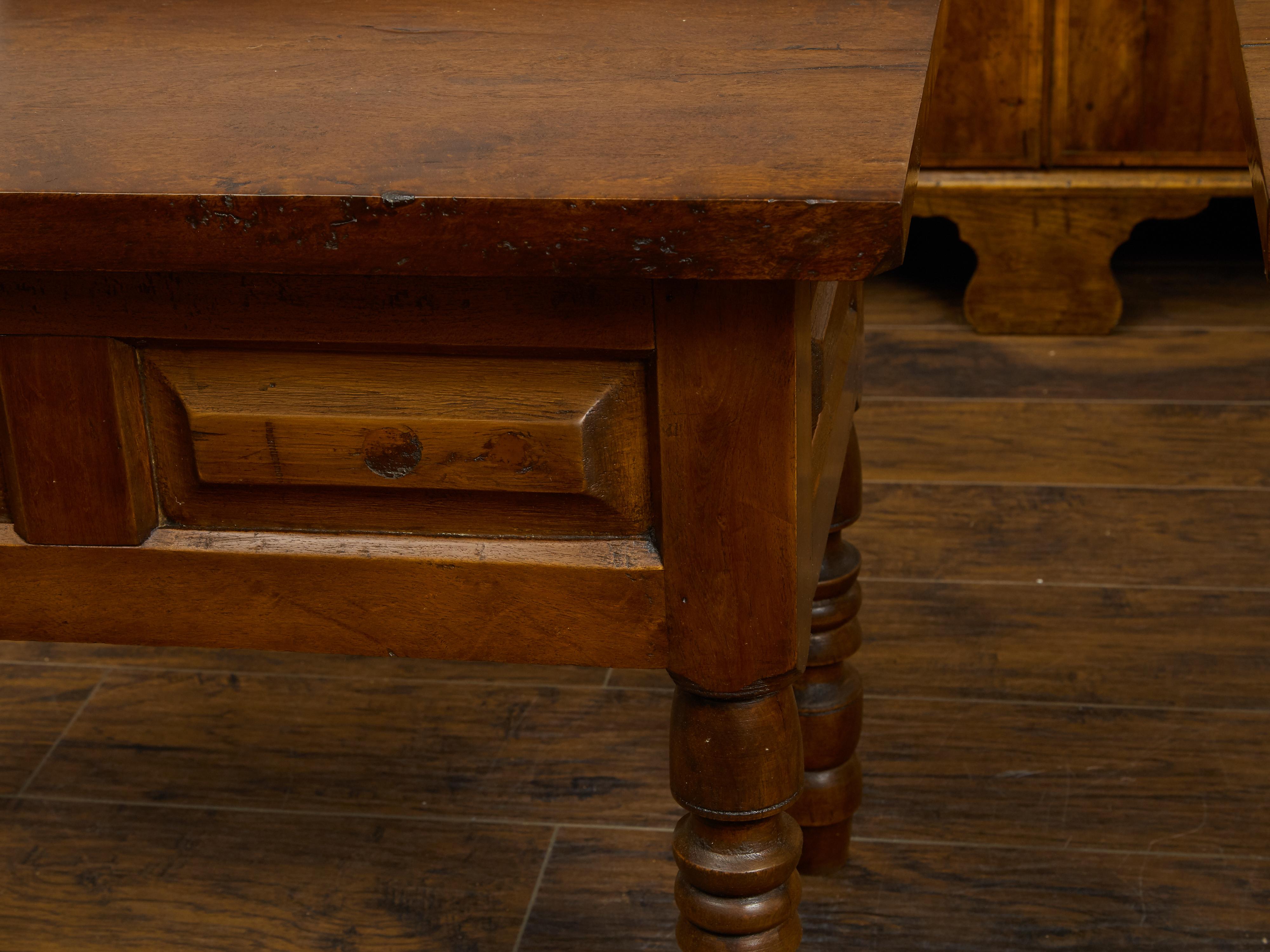 European Pair of 19th Century Walnut Side Tables with Raised Panels and Turned Legs