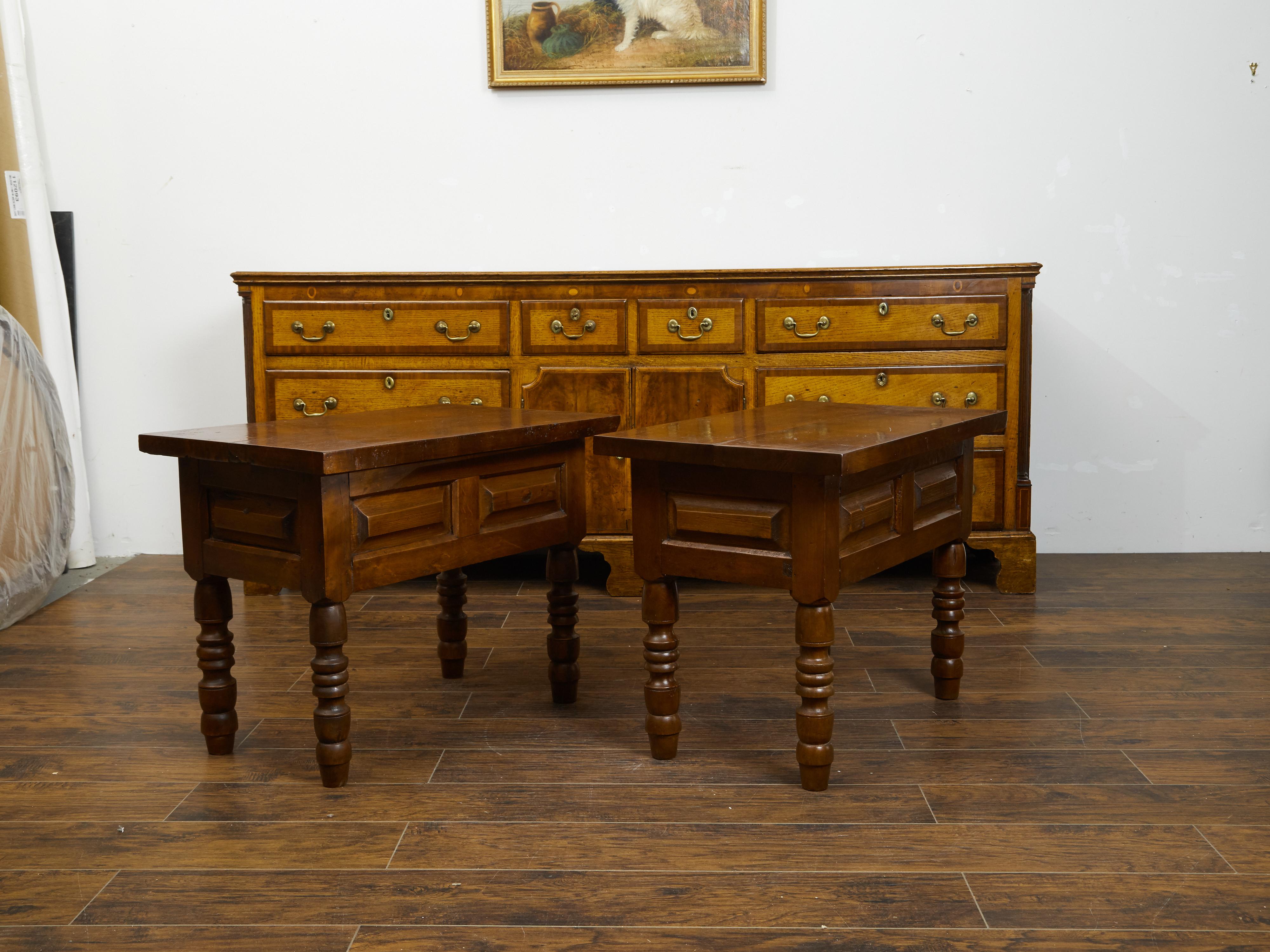 Pair of 19th Century Walnut Side Tables with Raised Panels and Turned Legs 1