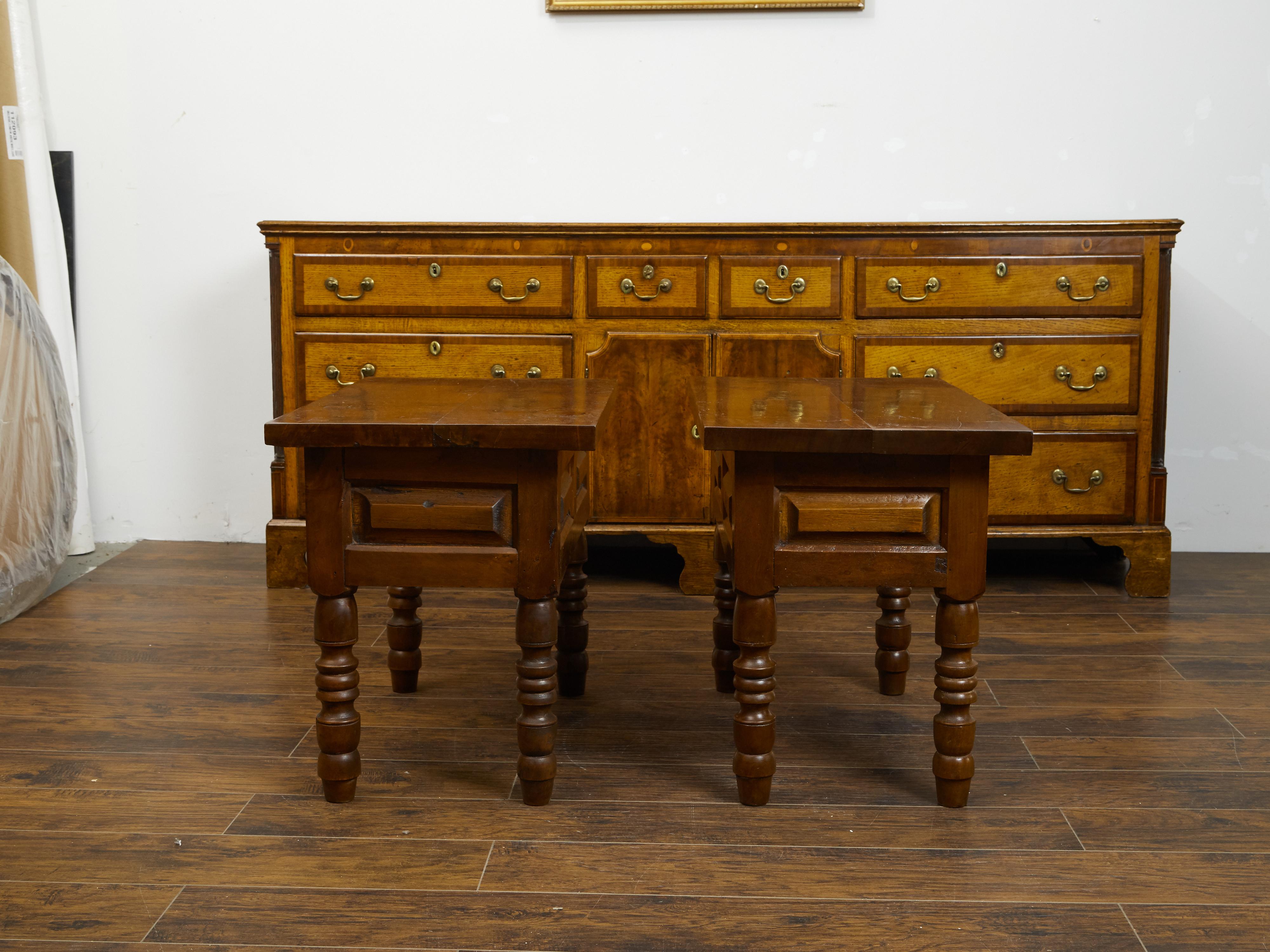 Pair of 19th Century Walnut Side Tables with Raised Panels and Turned Legs 2