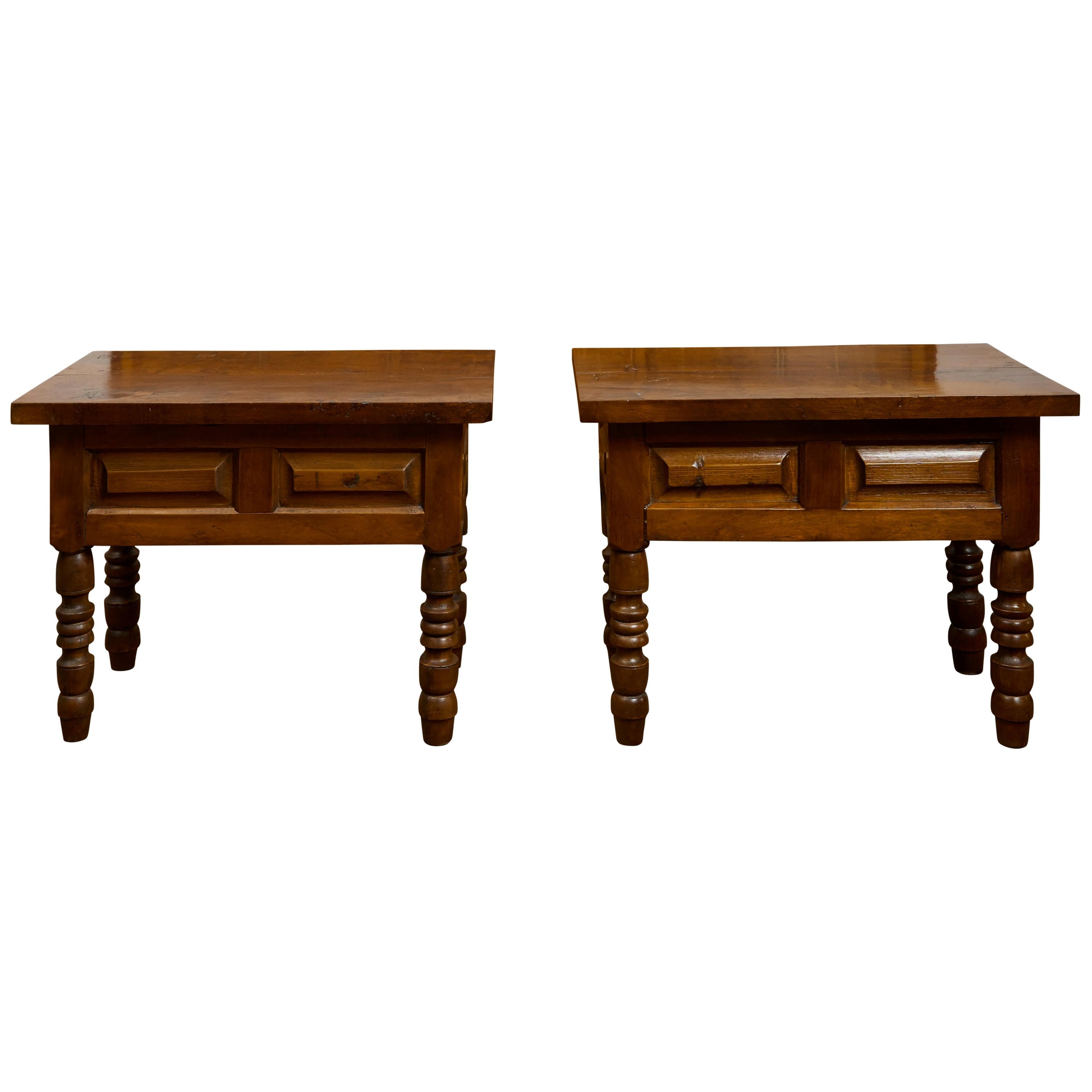 Pair of 19th Century Walnut Side Tables with Raised Panels and Turned Legs