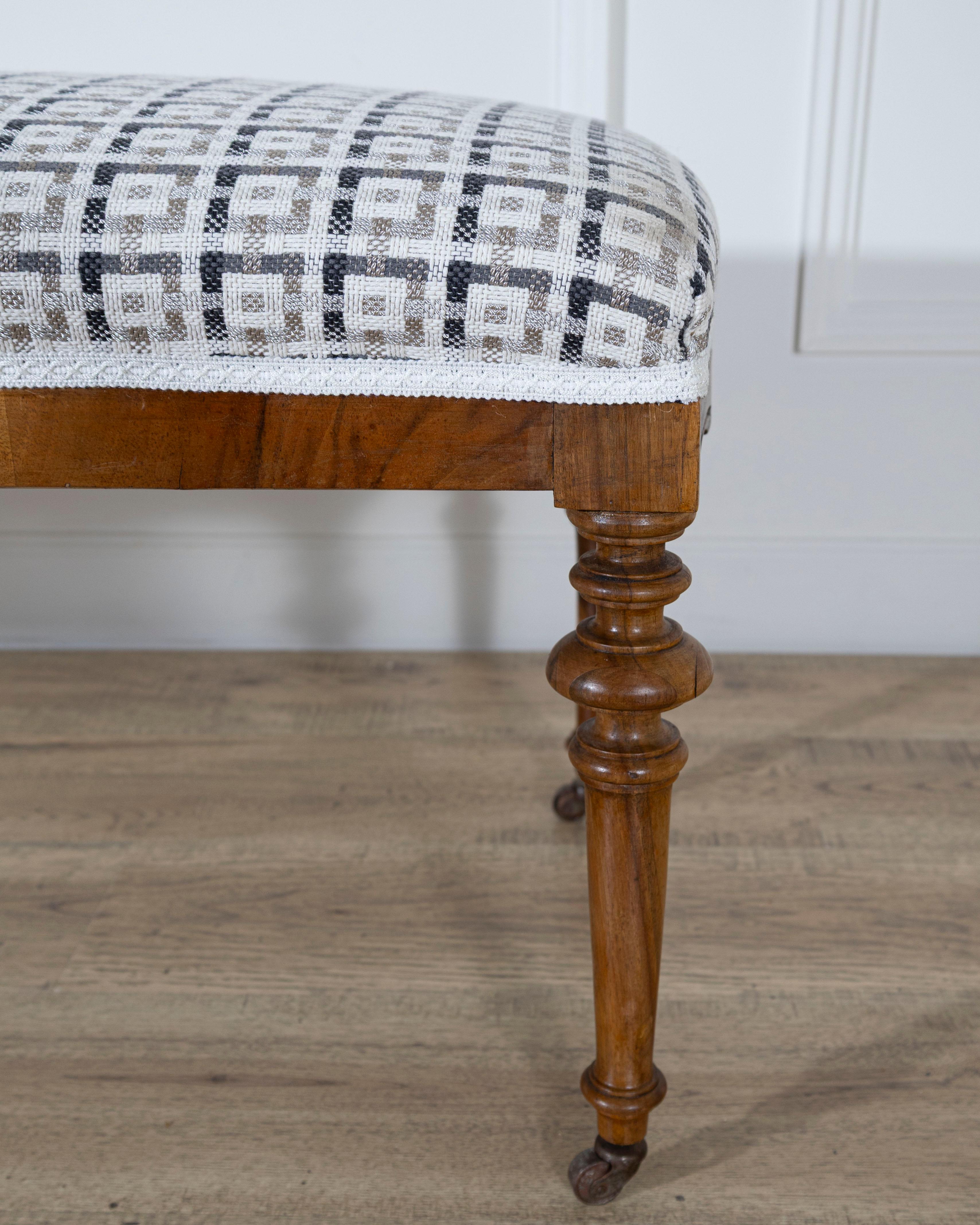 Pair of 19th-Century Walnut Upholstered Benches with Turned Legs and Casters For Sale 6