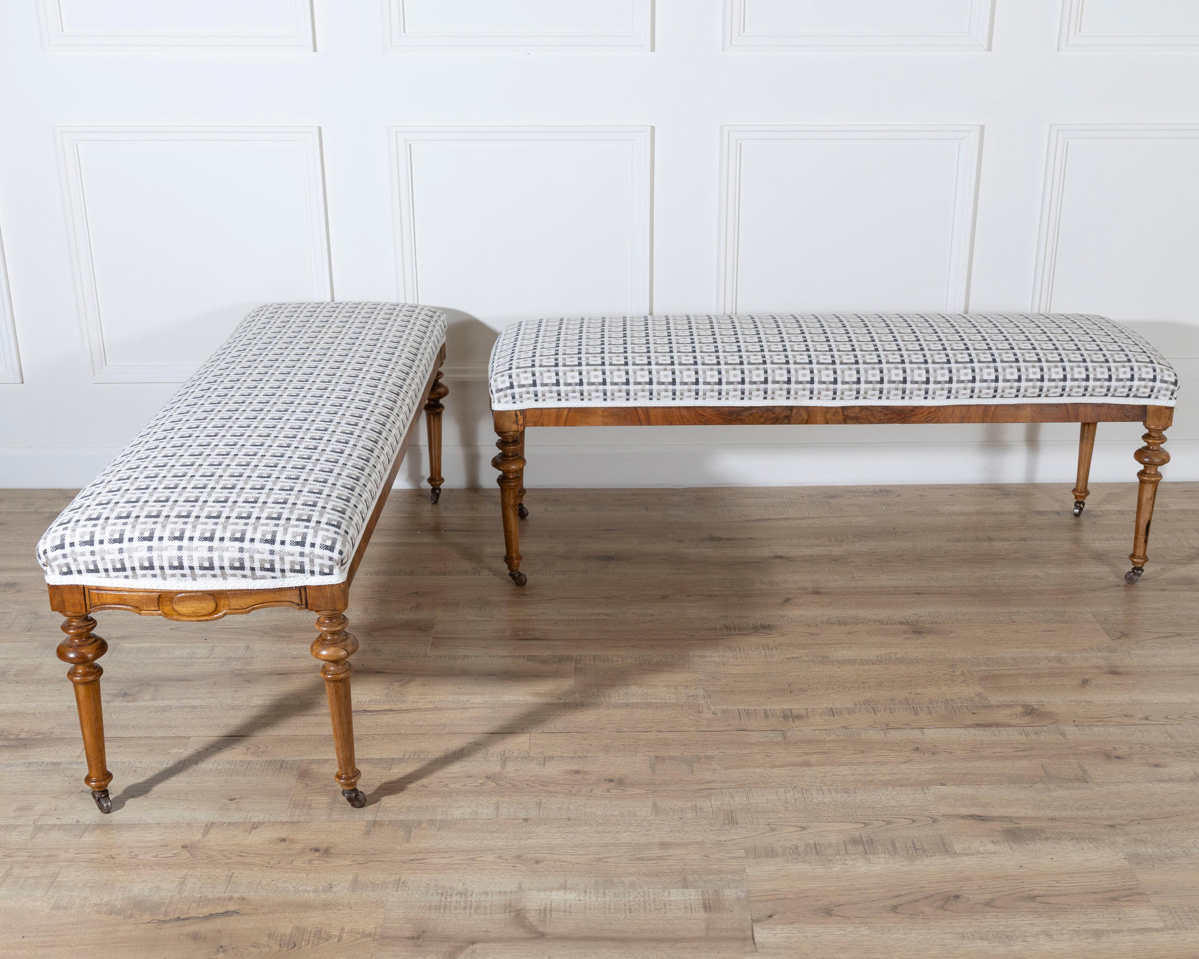 Pair of 19th-Century Walnut Upholstered Benches with Turned Legs and Casters In Good Condition For Sale In Atlanta, GA