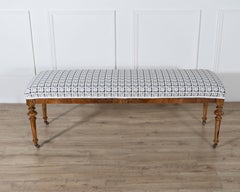 Pair of 19th-Century Walnut Upholstered Benches with Turned Legs and Casters