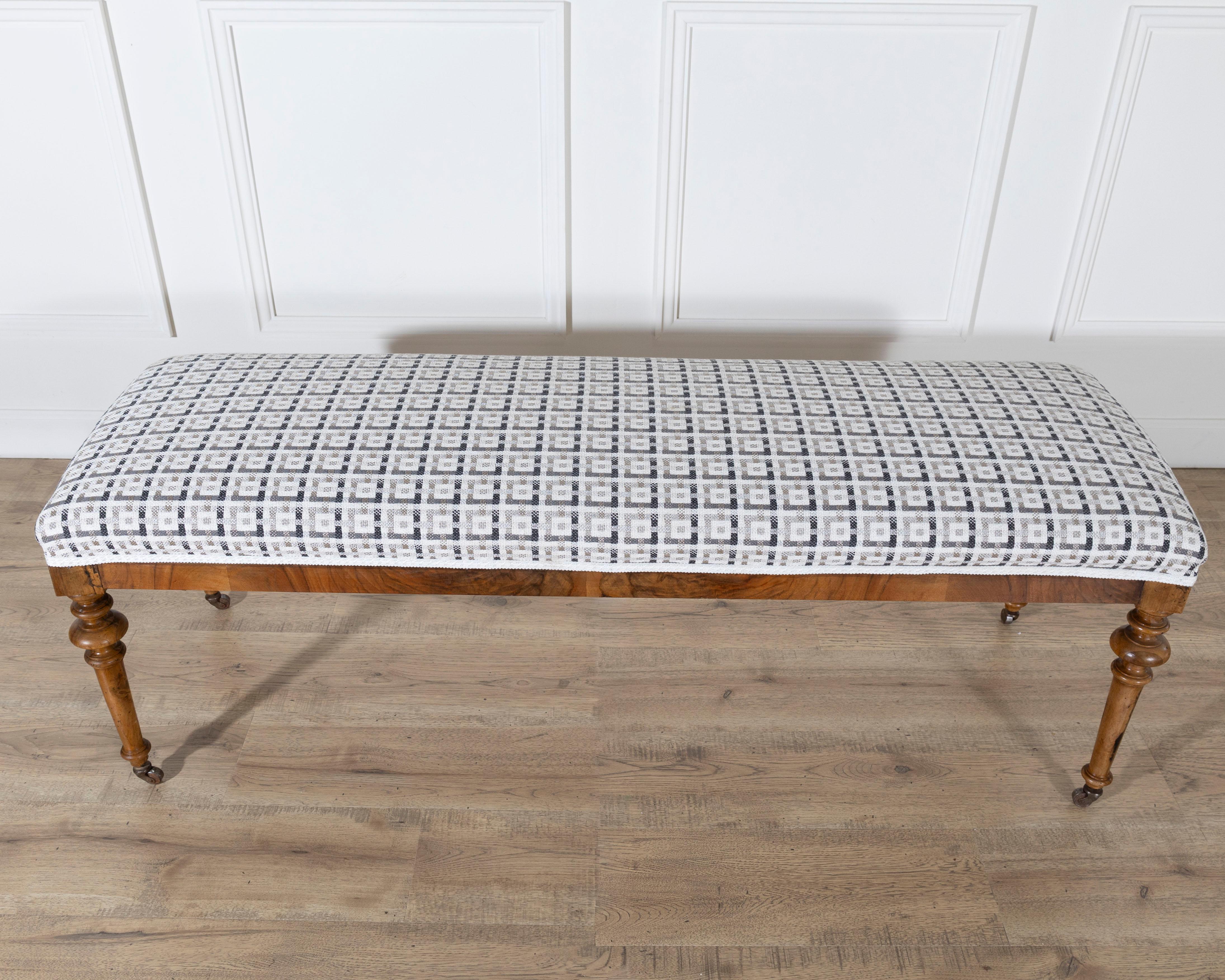 Pair of 19th-Century Walnut Upholstered Benches with Turned Legs and Casters For Sale 1