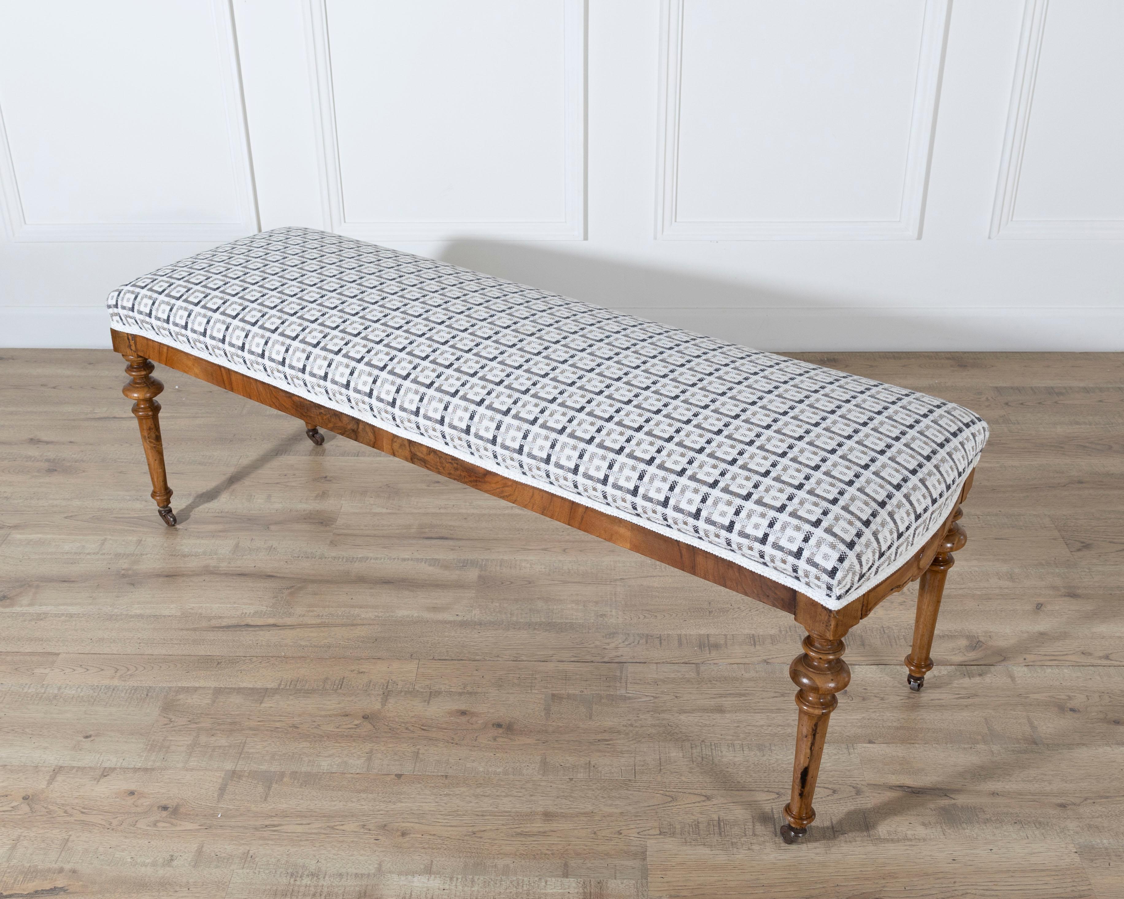 Pair of 19th-Century Walnut Upholstered Benches with Turned Legs and Casters For Sale 2