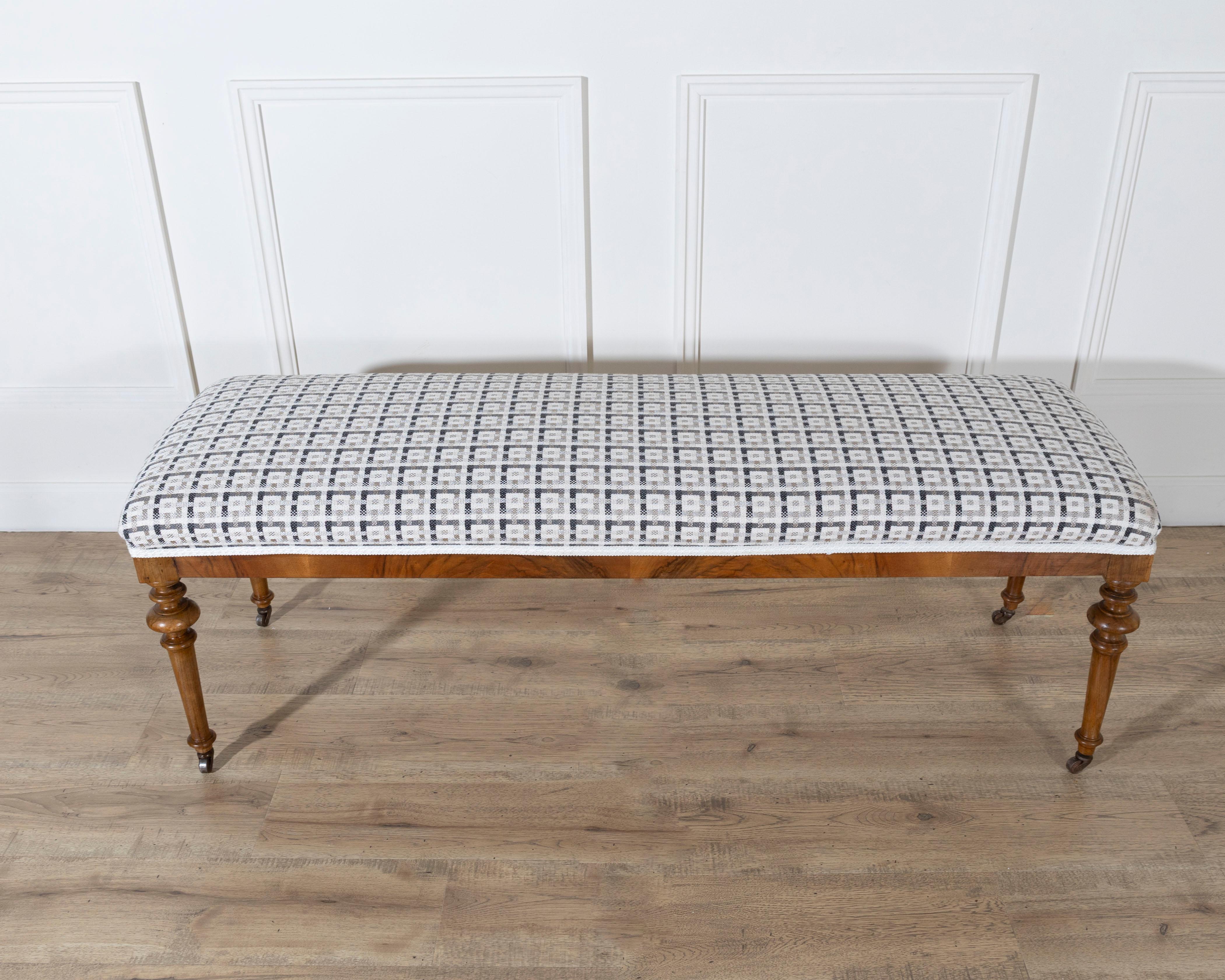 Pair of 19th-Century Walnut Upholstered Benches with Turned Legs and Casters For Sale 4