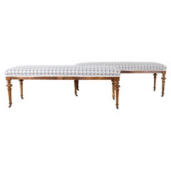 Pair of 19th-Century Walnut Upholstered Benches with Turned Legs and Casters