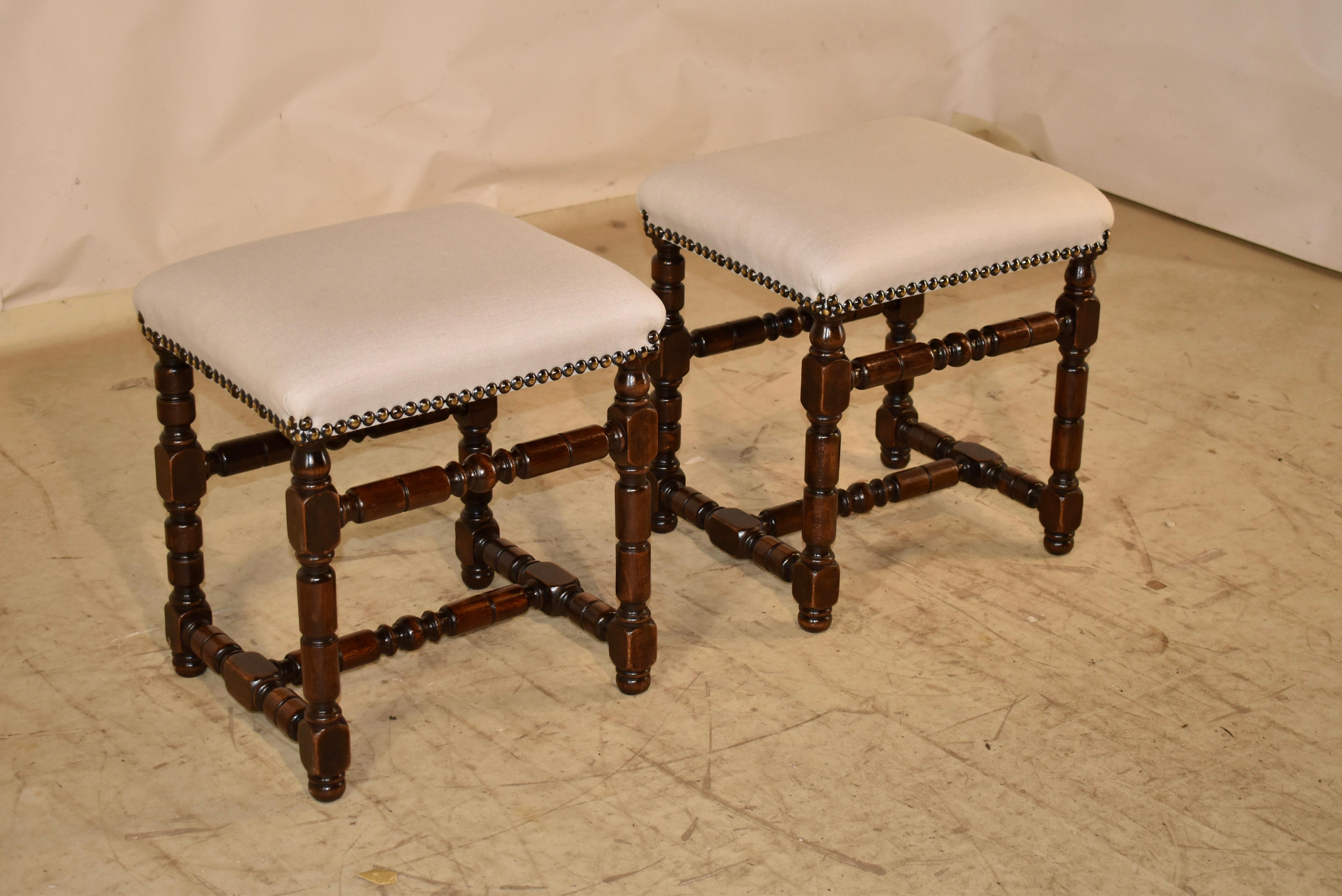 French Pair of 19th Century Walnut Upholstered Stools from France For Sale
