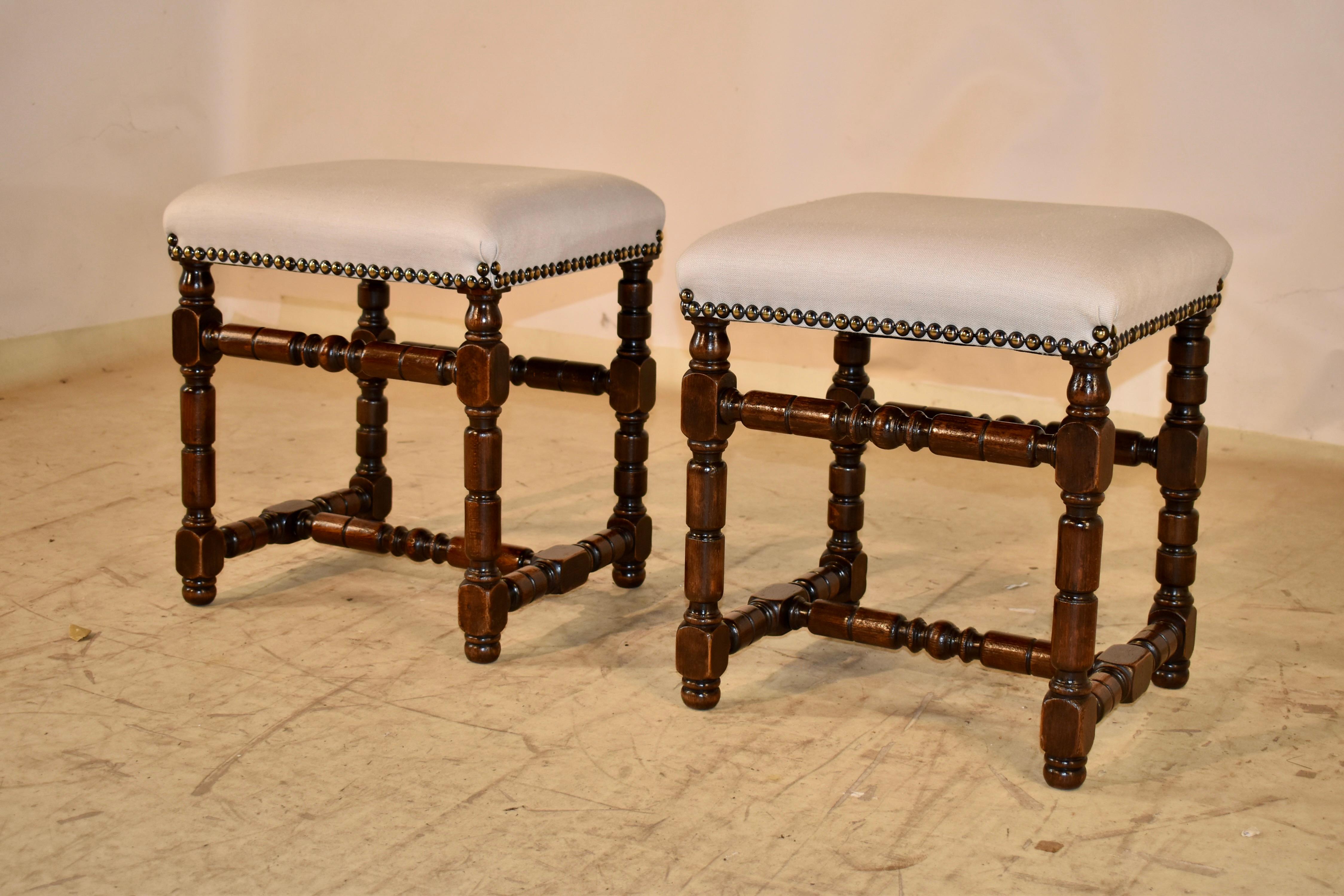 Turned Pair of 19th Century Walnut Upholstered Stools from France For Sale