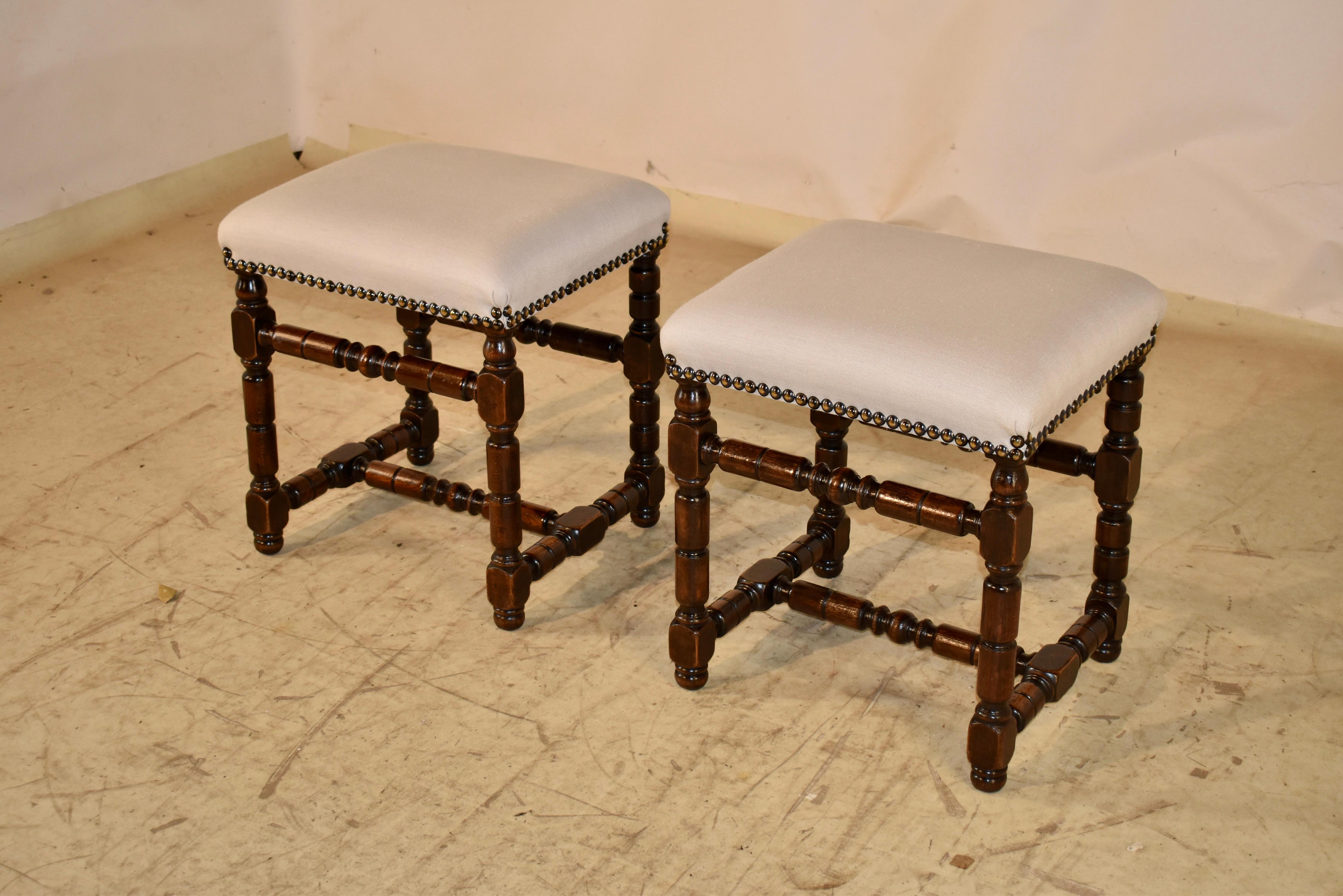 Pair of 19th Century Walnut Upholstered Stools from France In Good Condition For Sale In High Point, NC