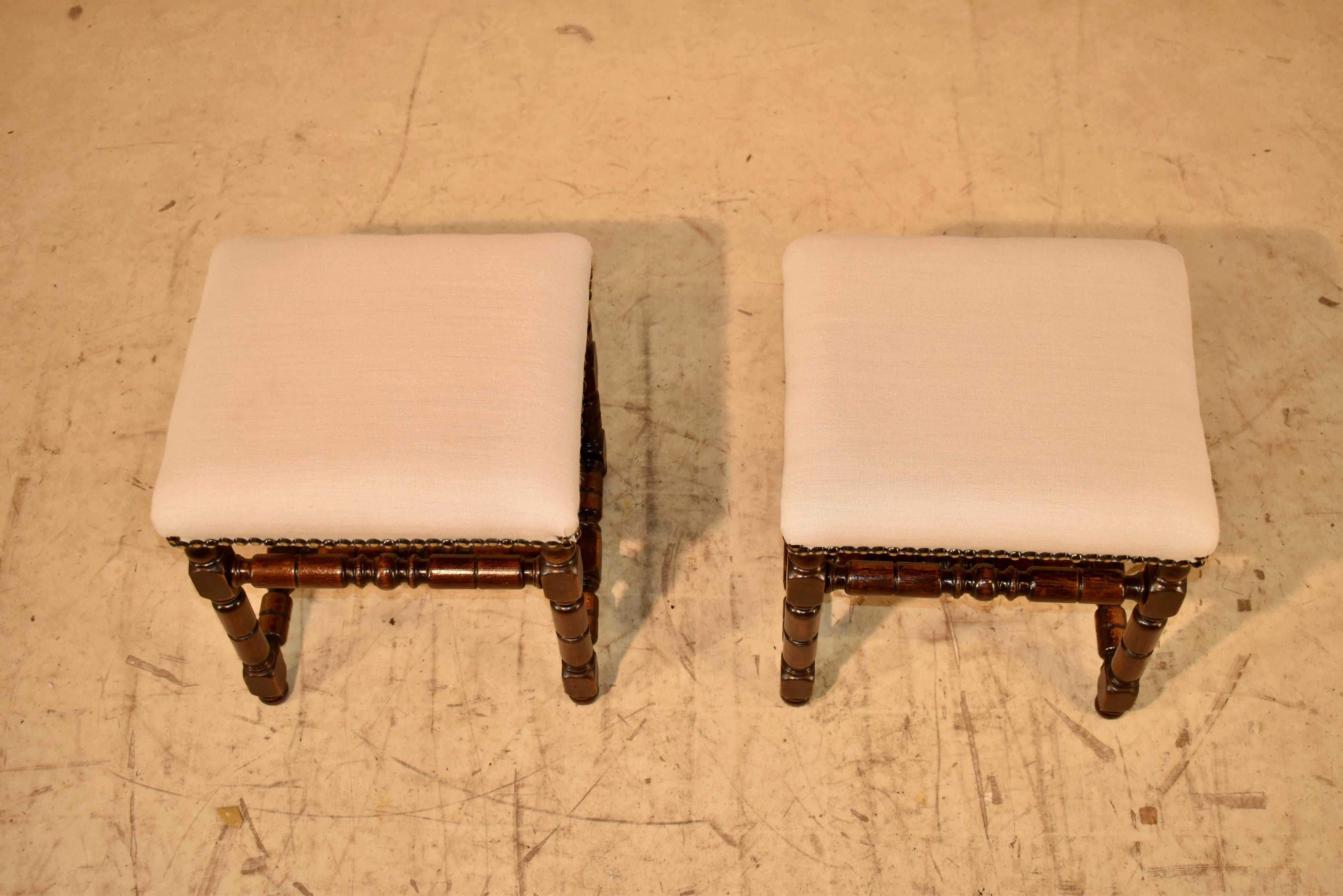 Pair of 19th Century Walnut Upholstered Stools from France For Sale 1