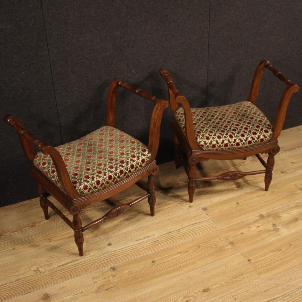 Pair of 19th Century Walnut Wood Italian Charles X Era Benches, 1840 For Sale 1