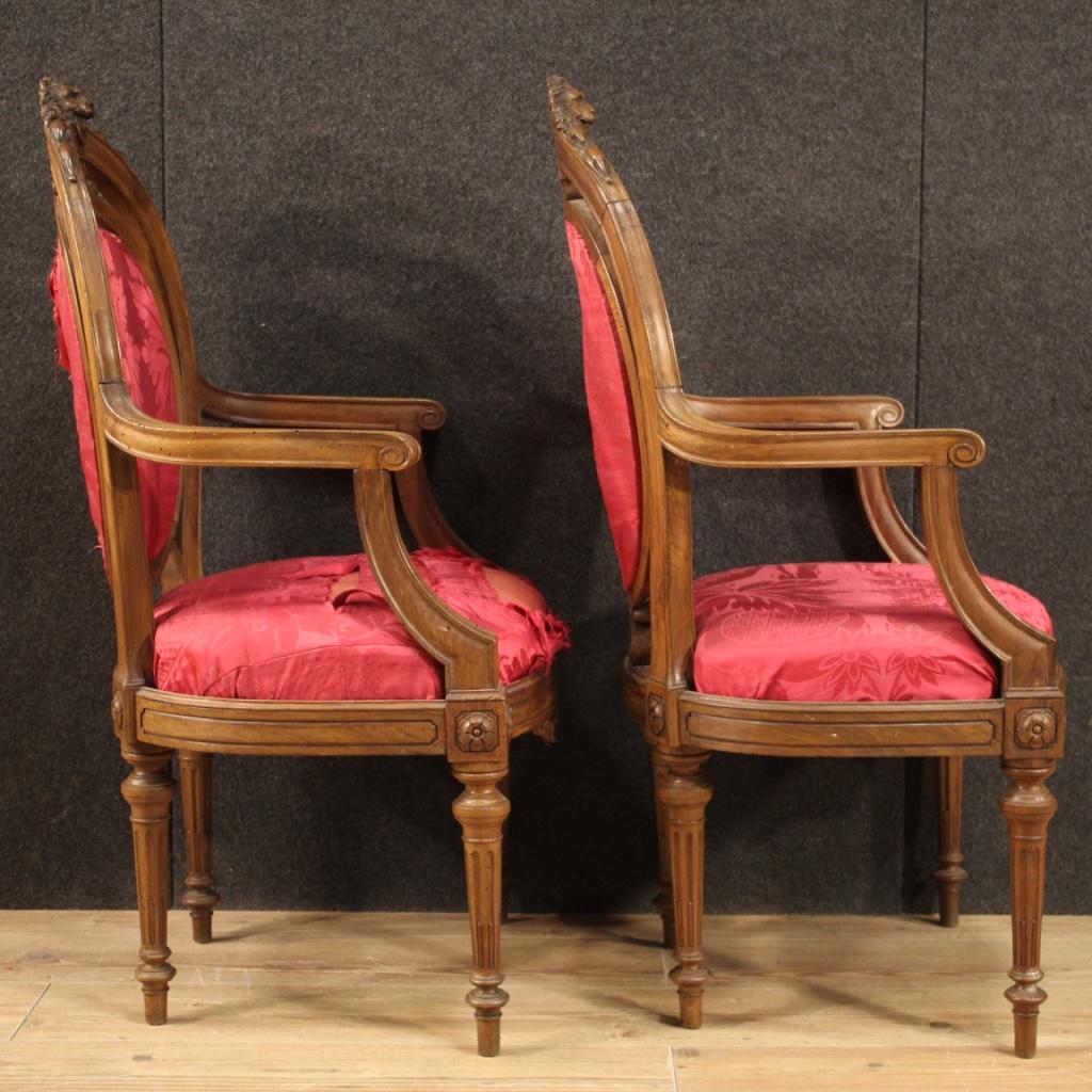 Pair of 19th Century Walnut Wood Italian Louis XVI Style Armchairs, 1850 For Sale 7