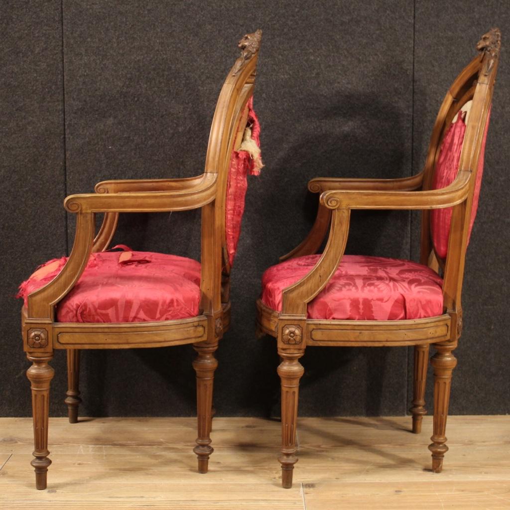 Pair of 19th Century Walnut Wood Italian Louis XVI Style Armchairs, 1850 For Sale 5