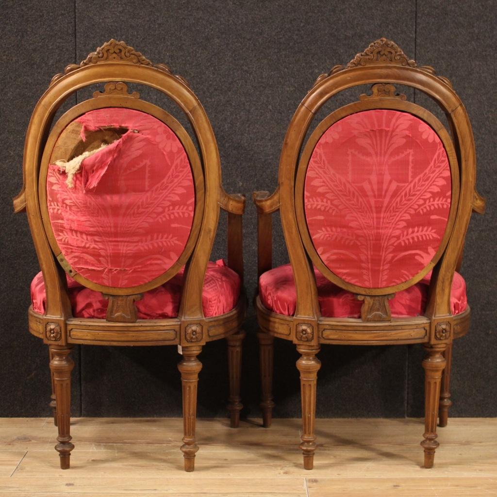 Pair of 19th Century Walnut Wood Italian Louis XVI Style Armchairs, 1850 For Sale 6