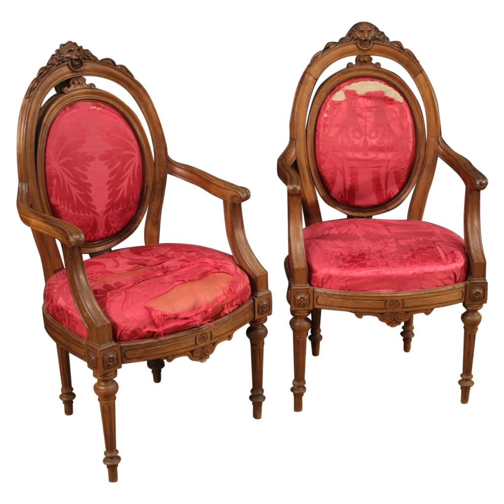 Pair of 19th Century Walnut Wood Italian Louis XVI Style Armchairs, 1850 For Sale