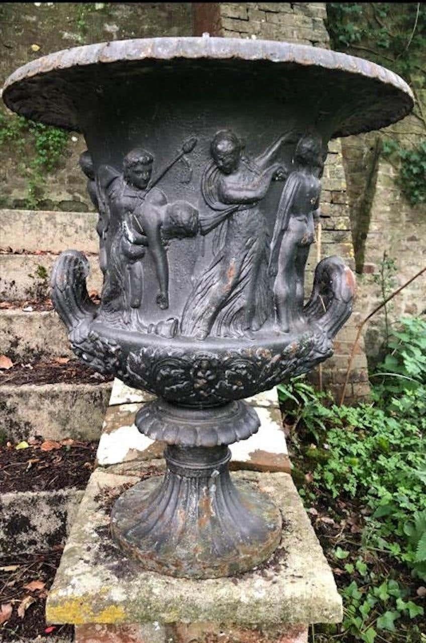 French Pair of 19th Century Weathered Cast Iron Urns For Sale