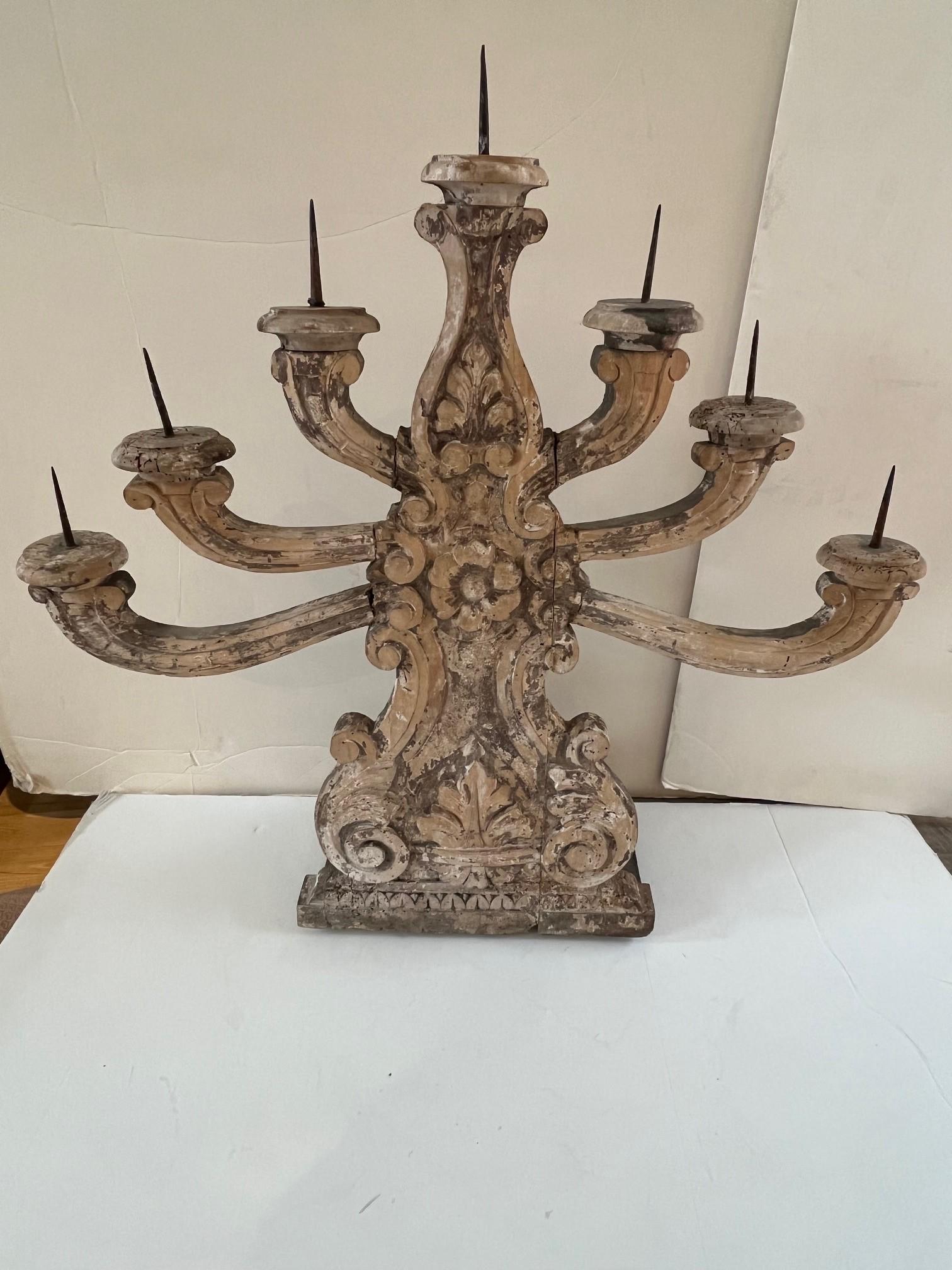Pair of 19th Century Weathered Italian Seven Lights Candelabra For Sale 5