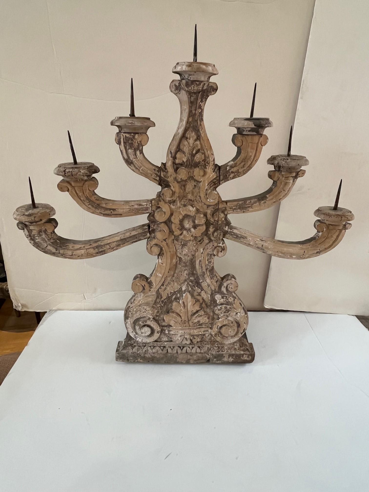 Pair of 19th Century Weathered Italian Seven Lights Candelabra For Sale 7