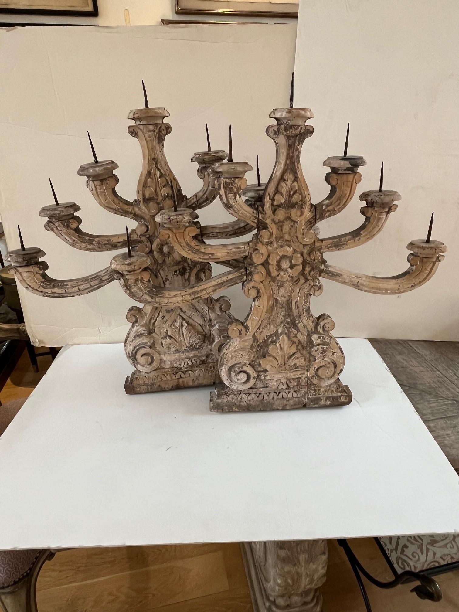 Pair of 19th Century Weathered Italian Seven Lights Candelabra For Sale 1