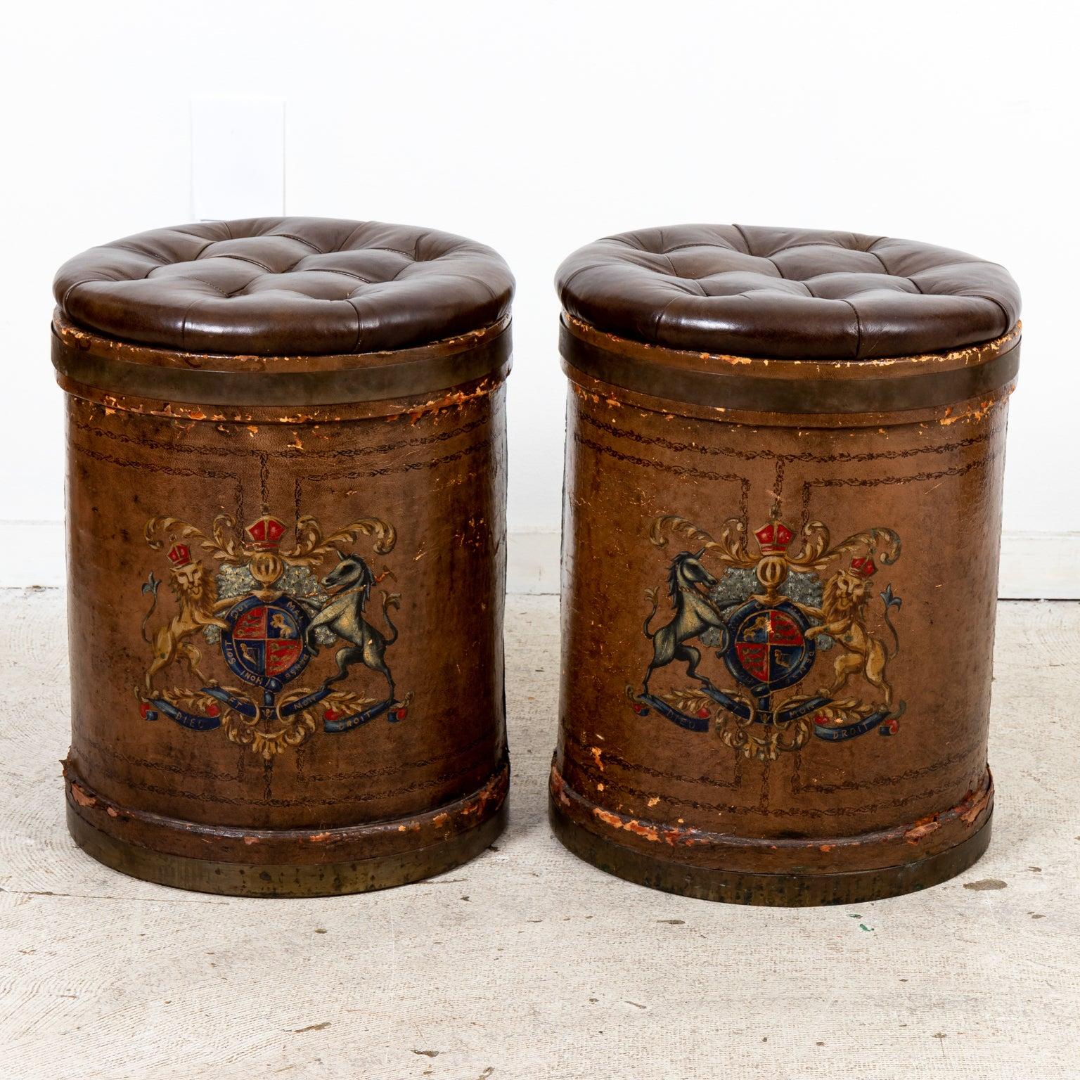 Painted Pair of 19th Century Wig Box with Leather Tufted Top For Sale