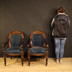 Pair of 19th Century Wood and Blue Fabric French Charles X Armchairs, 1830
