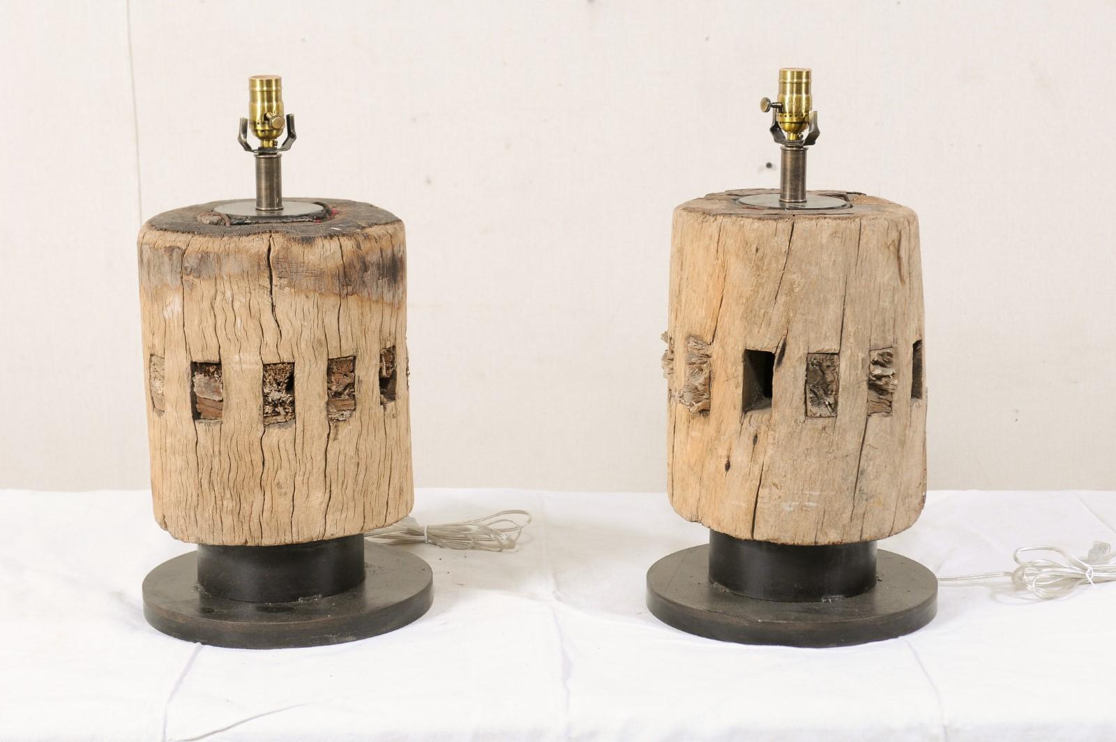 Pair of 19th Century Wooden Cog Table Lamps, France 2
