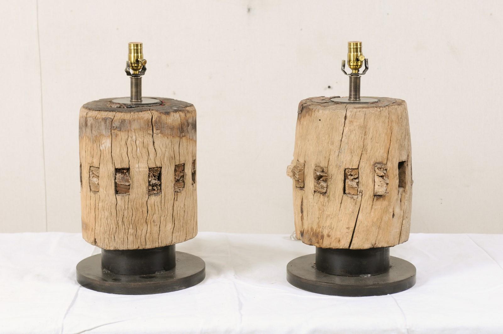 Rustic Pair of 19th Century Wooden Cog Table Lamps, France