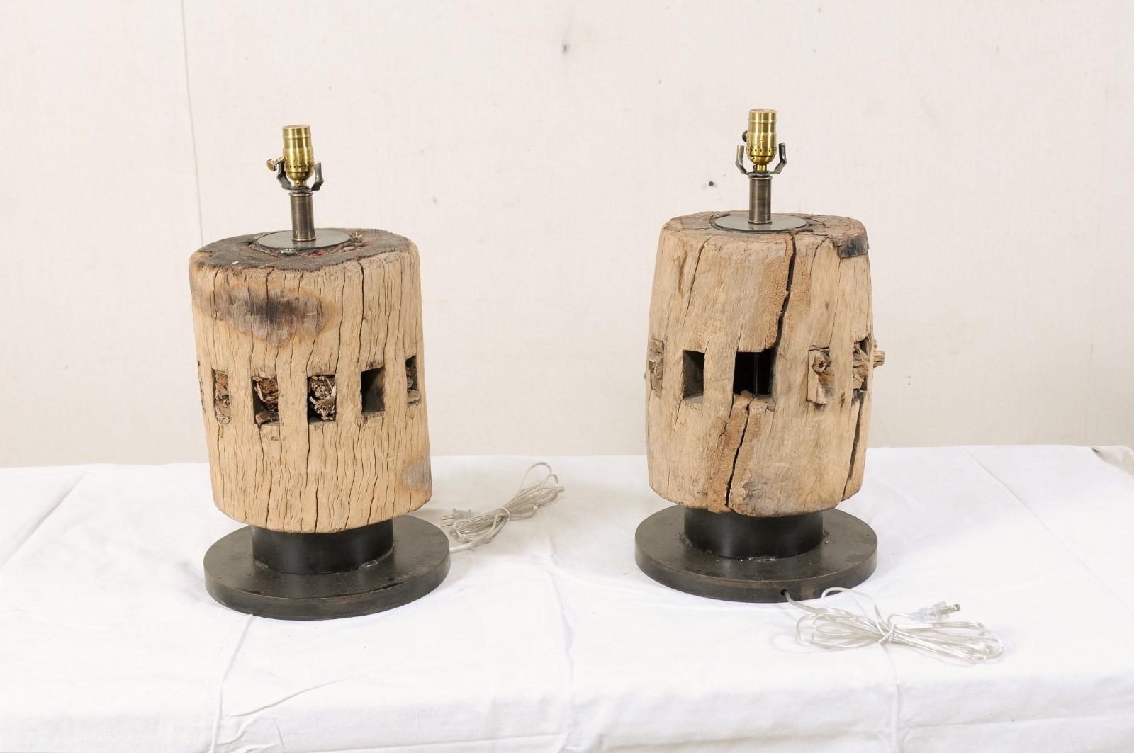French Pair of 19th Century Wooden Cog Table Lamps, France