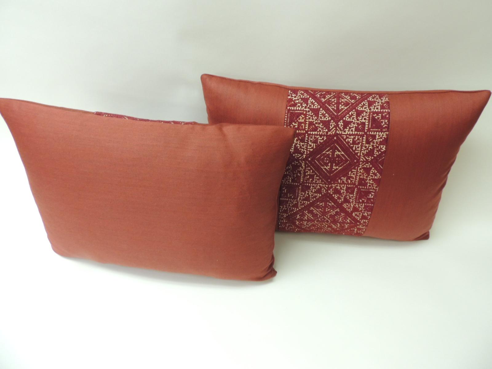 Moroccan Pair of 19th Century Woven Red Fez Textile Bolster Decorative Pillows