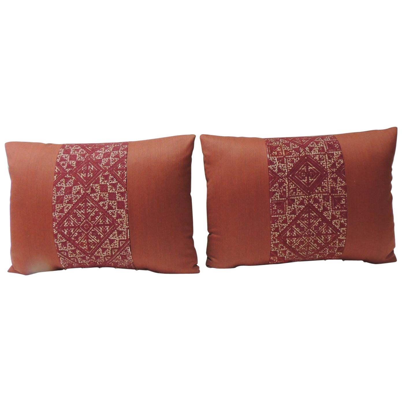Pair of 19th Century Woven Red Fez Textile Bolster Decorative Pillows